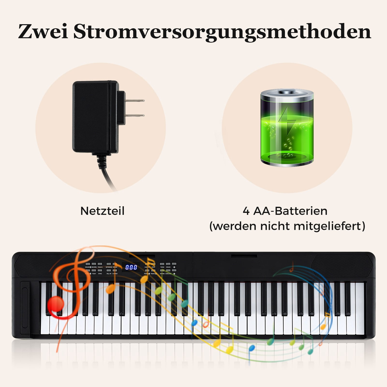 Teclado eletrônico dobrável de 61 teclas com MIDI e função Split.