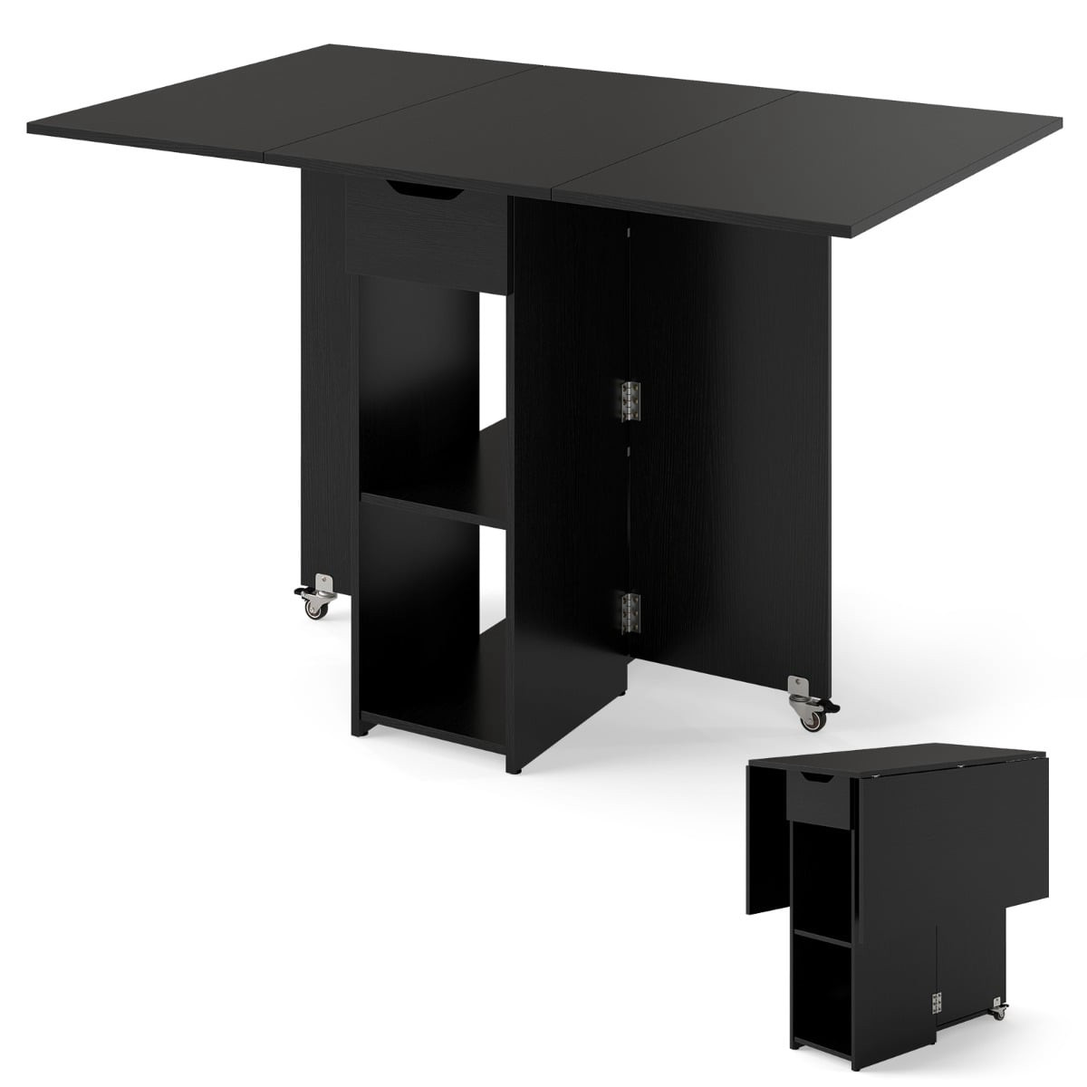Foldable Dining Table with Wheels, Shelves & Drawer