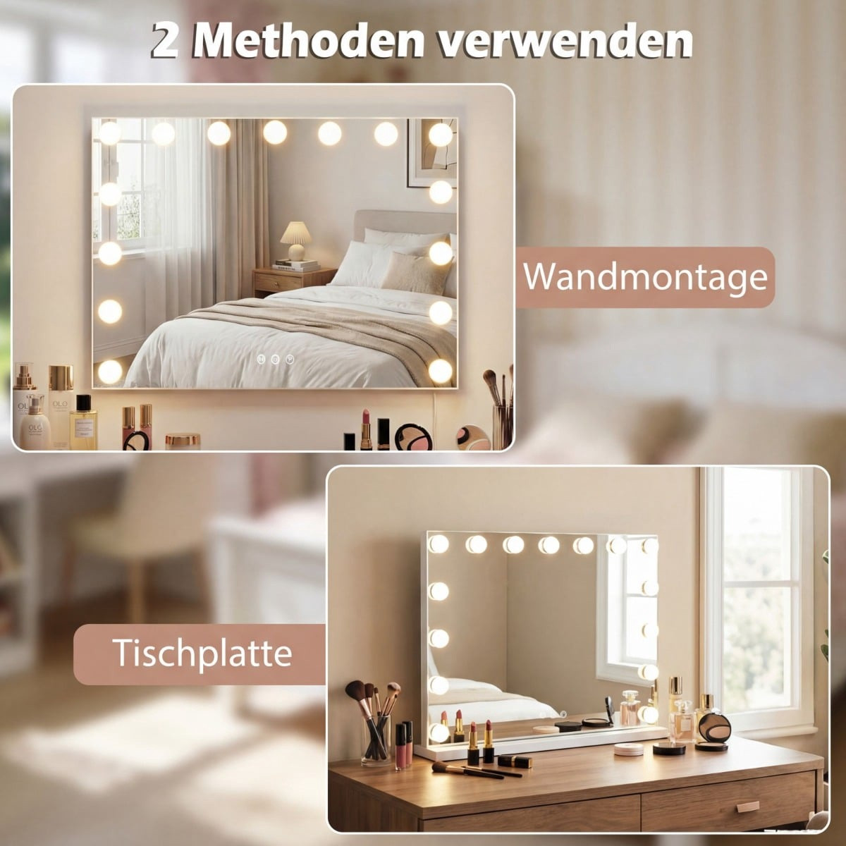 Makeup Mirror with 3 Light Colors, Adjustable Brightness