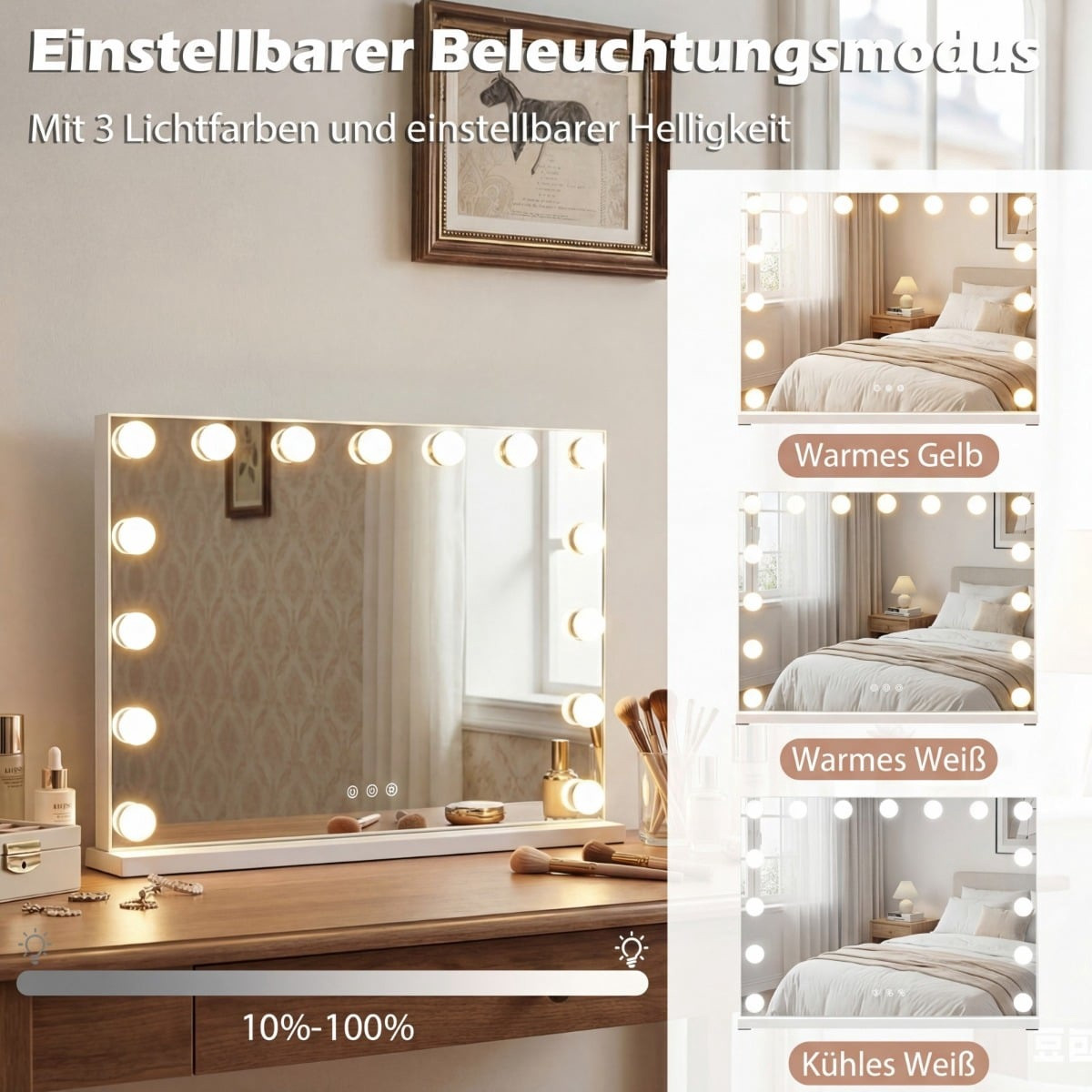 Makeup Mirror with 3 Light Colors, Adjustable Brightness
