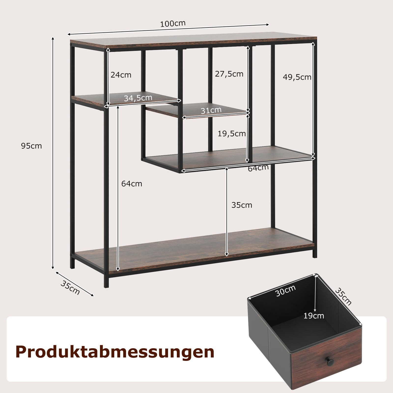 Console avec rangement, style industriel, marron