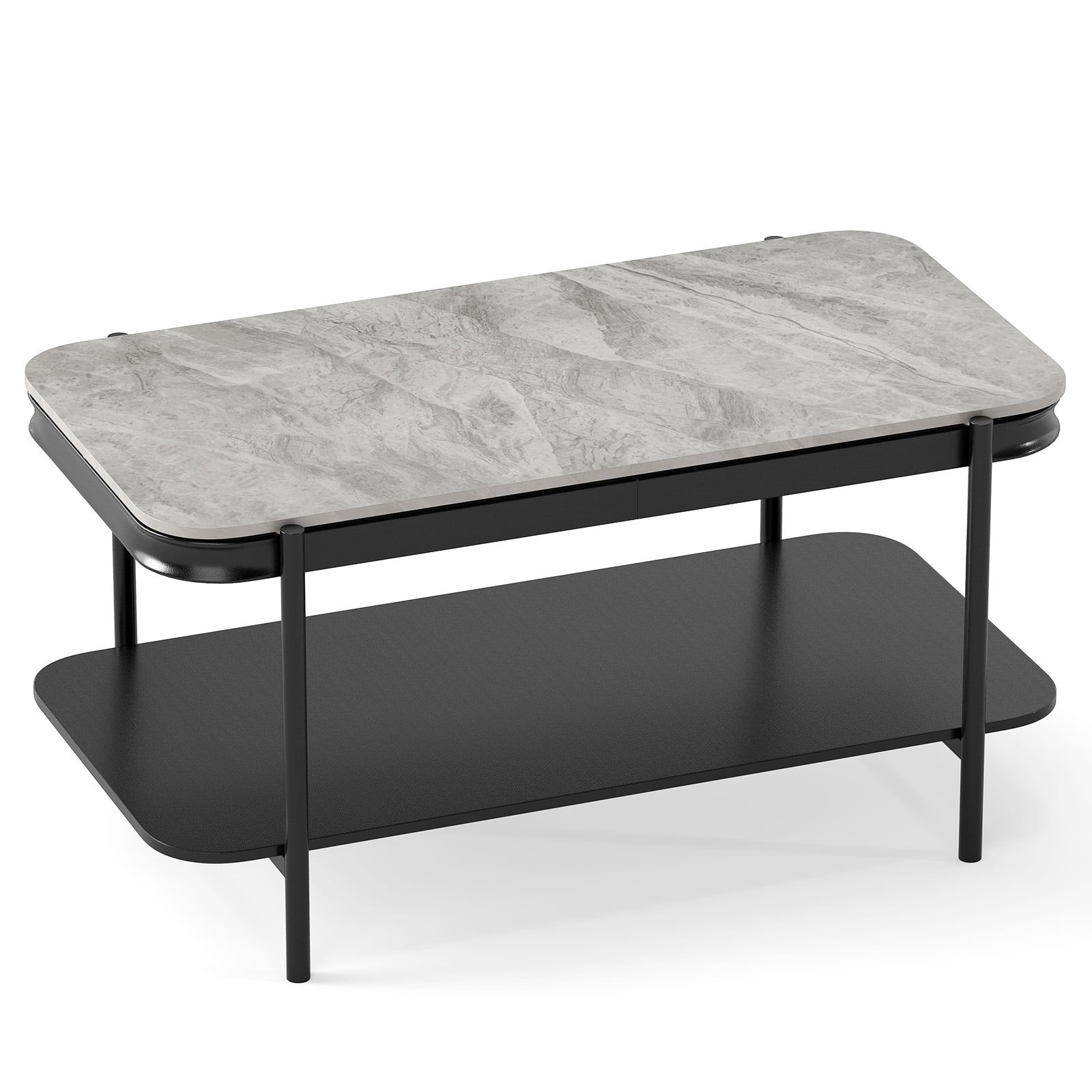 Table basse rectangulaire avec rangement, pierre frittée grise