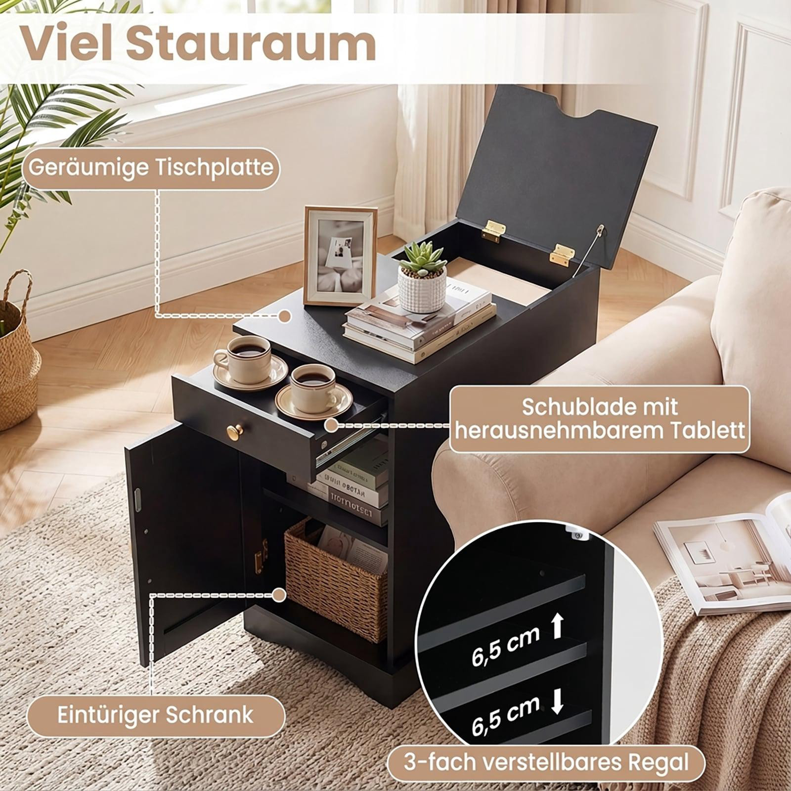 Bedside Table with Charging Station, Adjustable Shelf, Black