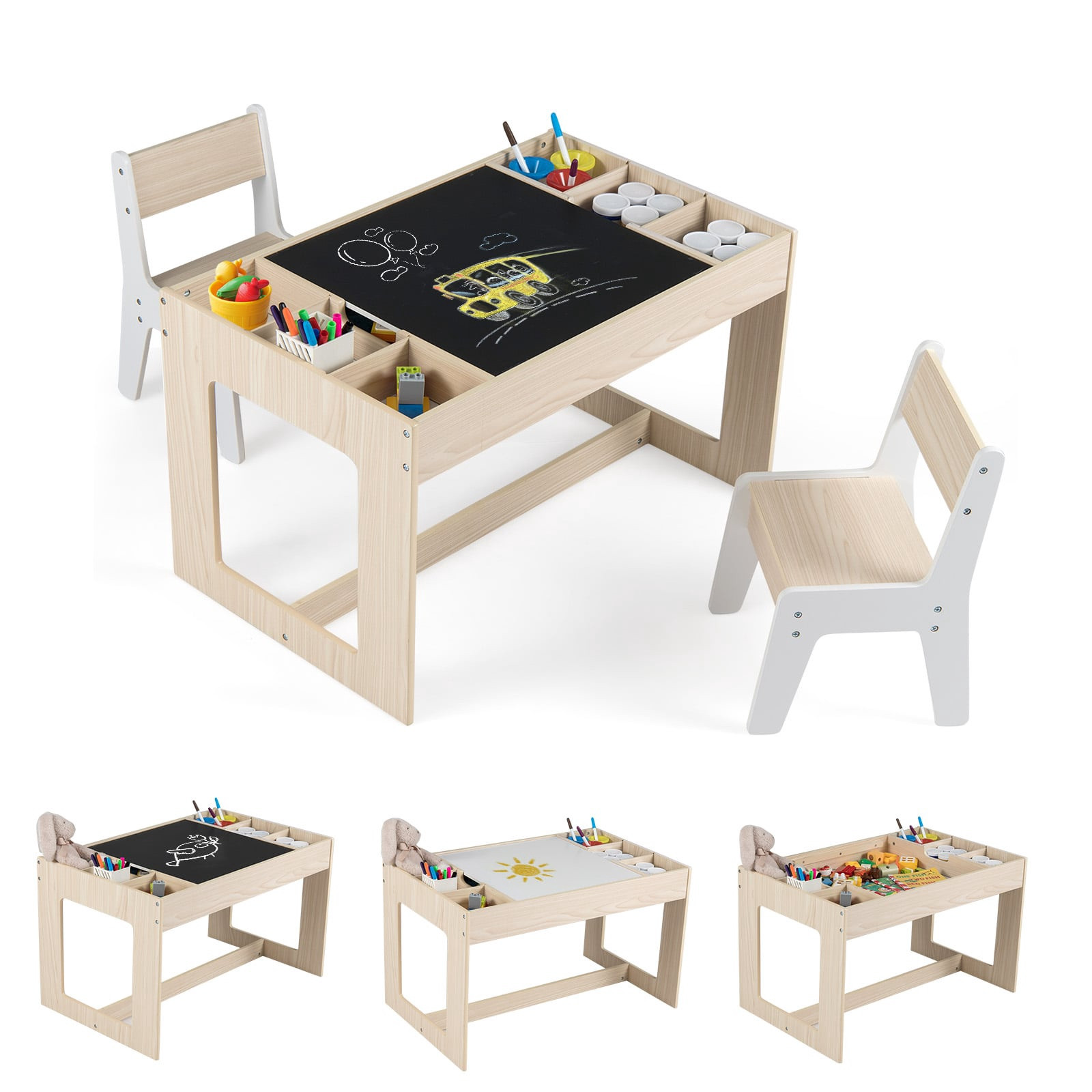 Kindertischset mit 2 Stühlen, doppelseitige Tischplatte