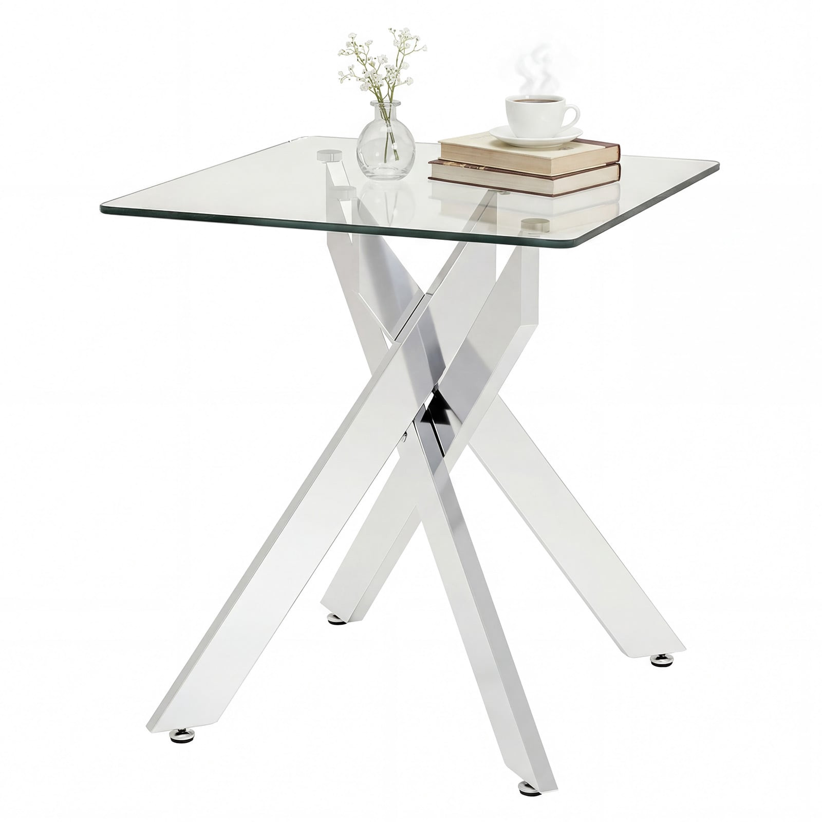 Table d'appoint carrée en verre avec structure en métal, argentée