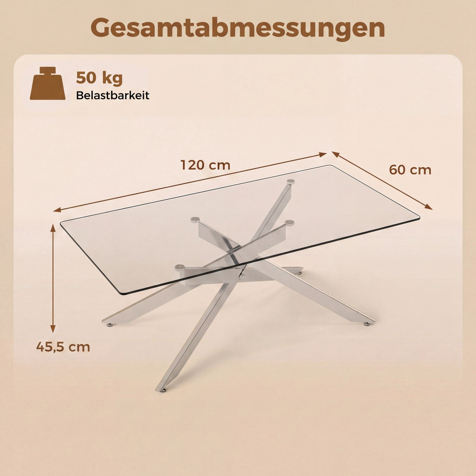 Mesa de centro rectangular de cristal templado, 120 x 60 cm