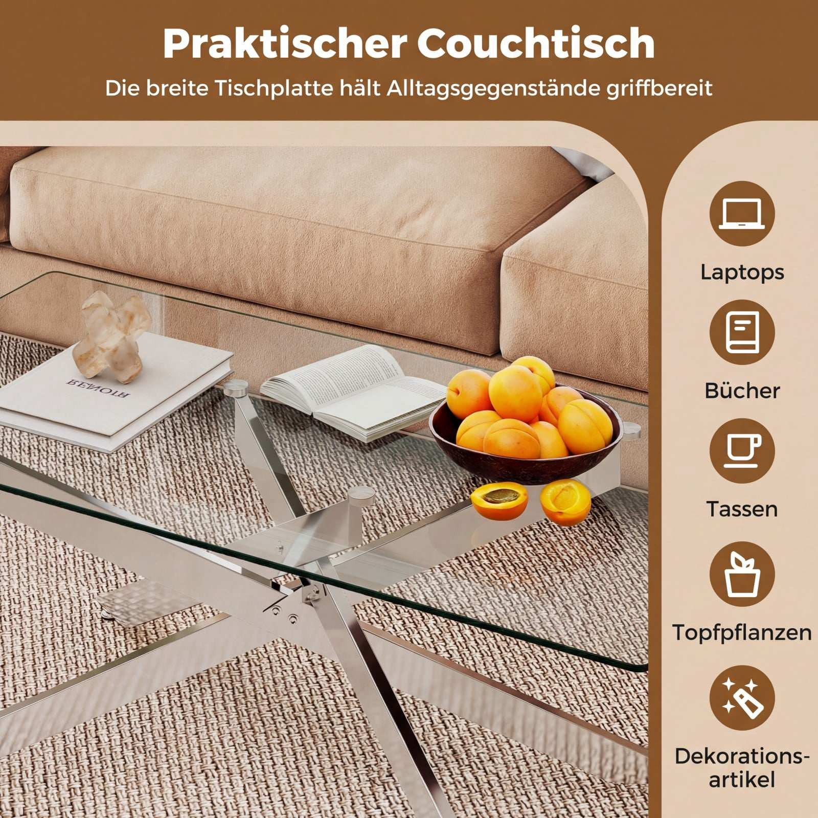 Mesa de centro rectangular de cristal templado, 120 x 60 cm