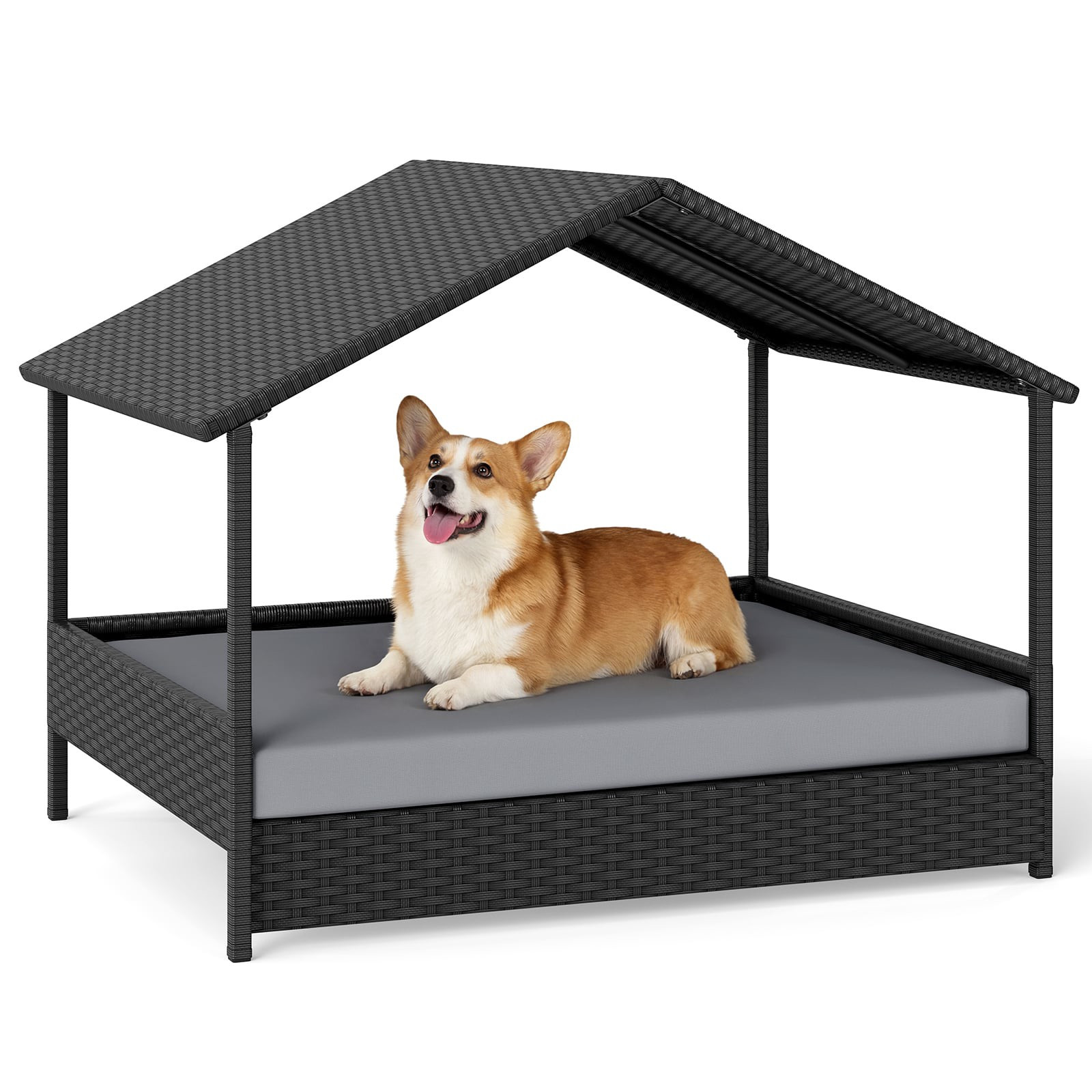 Sofá elevado de vime com dossel para cães de até 60 kg