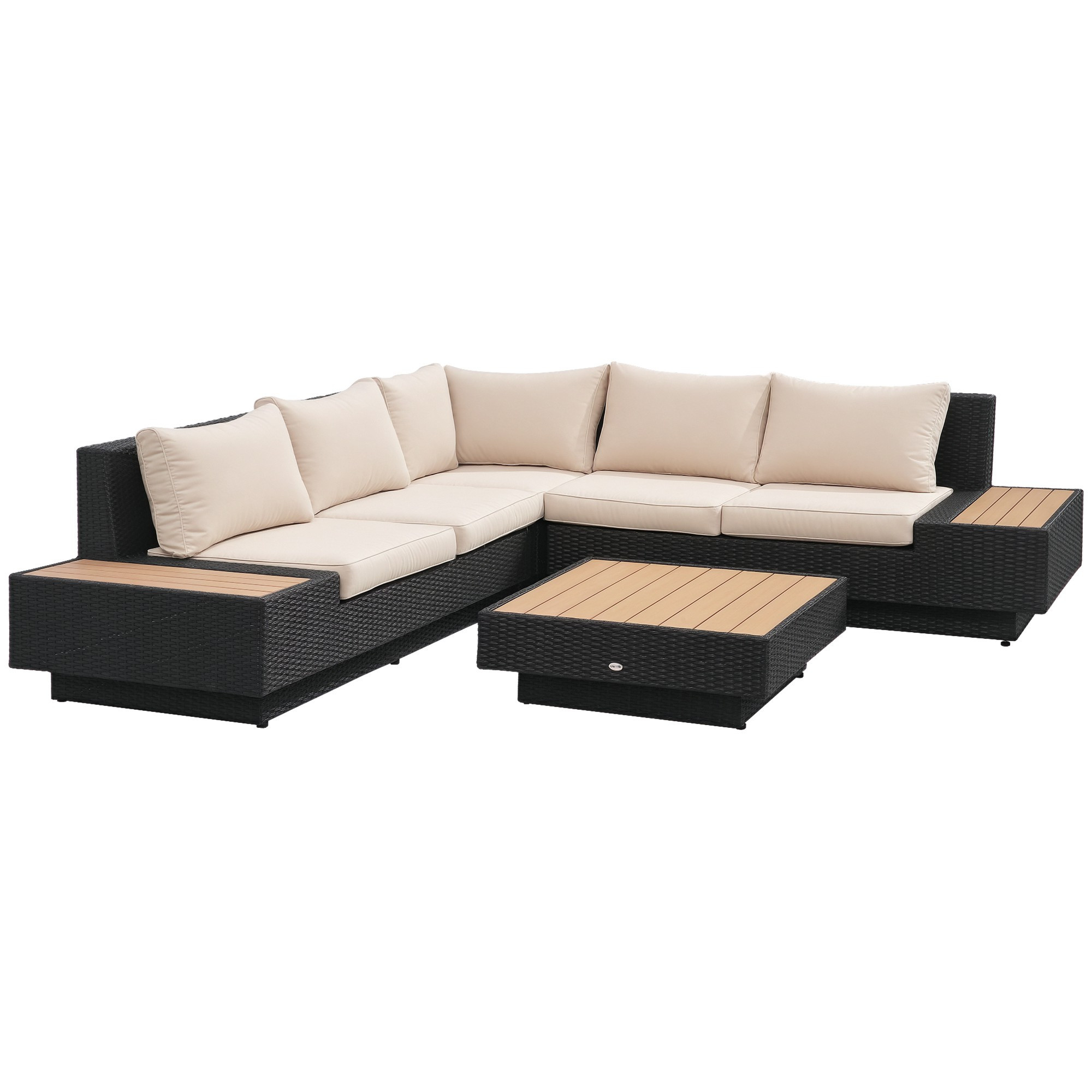 Set da esterno in polyrattan nero da 4 pezzi con cuscini