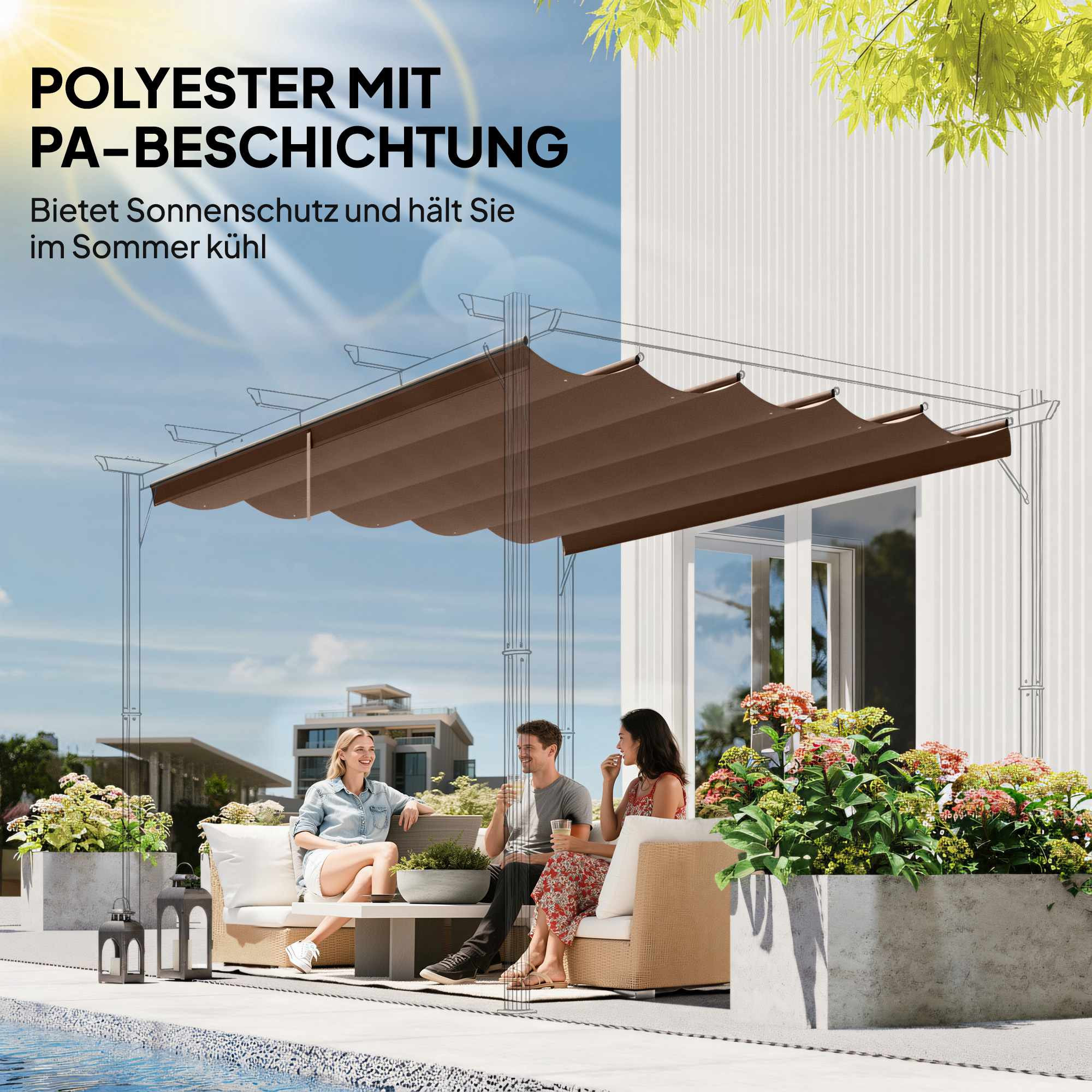 Retractable Pergola Replacement Canopy, 4x3m, Coffee, Polyester