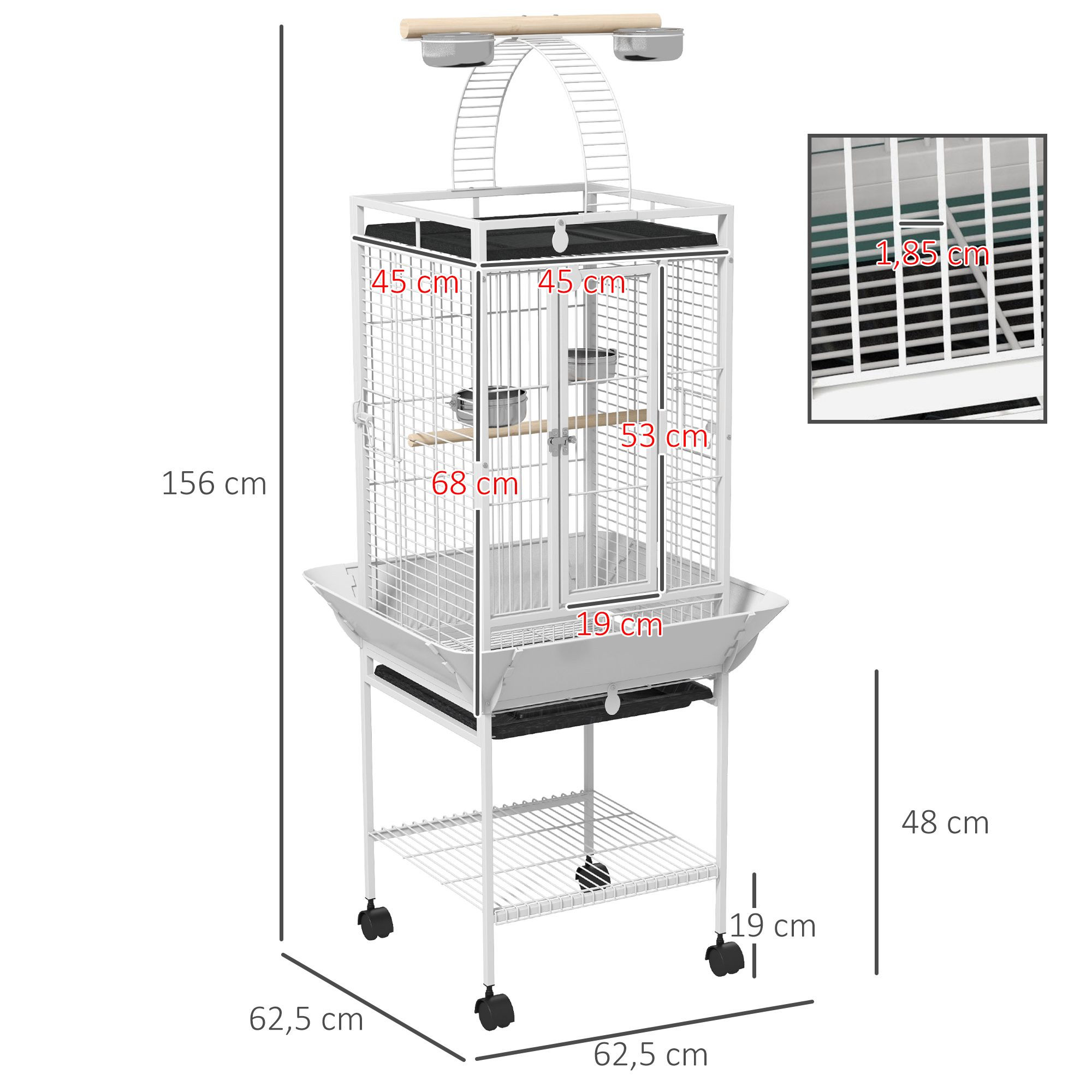 Parrot Cage with 3 Doors, 2 Perches, Wheels, White