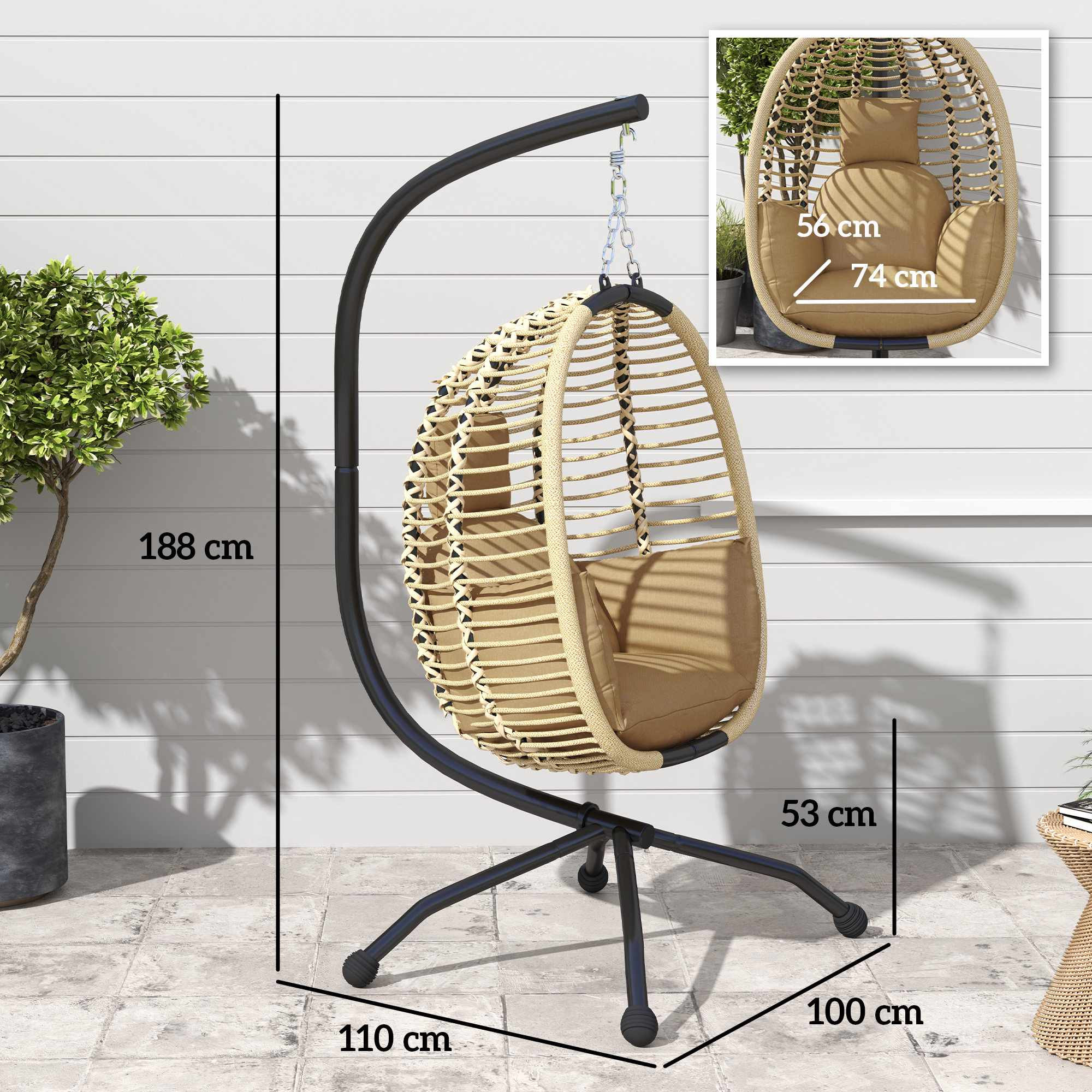 Faltbarer eiförmiger Hängesessel mit Gestell, Beige