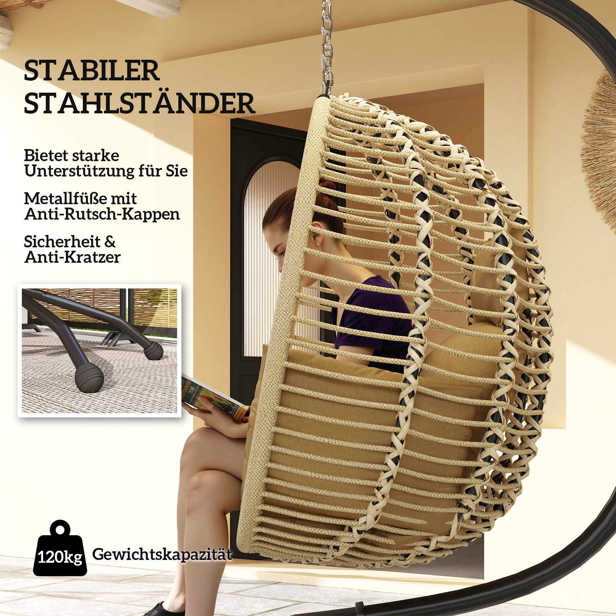 Faltbarer eiförmiger Hängesessel mit Gestell, Beige