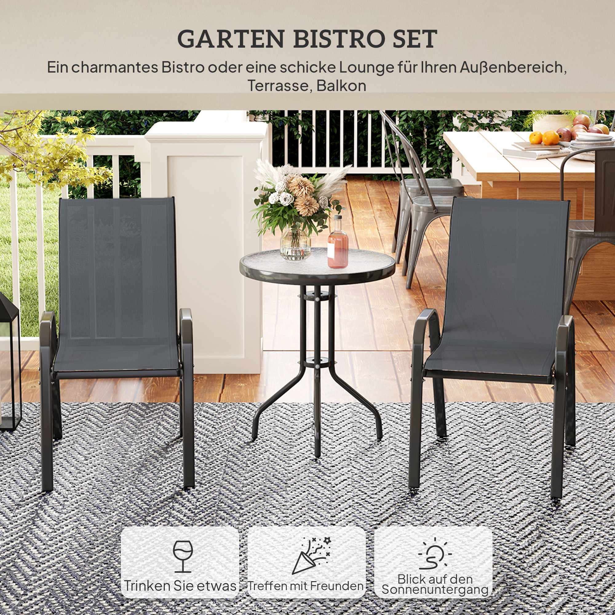Outdoor Bistro Set – 3-Piece, Stackable Chairs, Glass Table