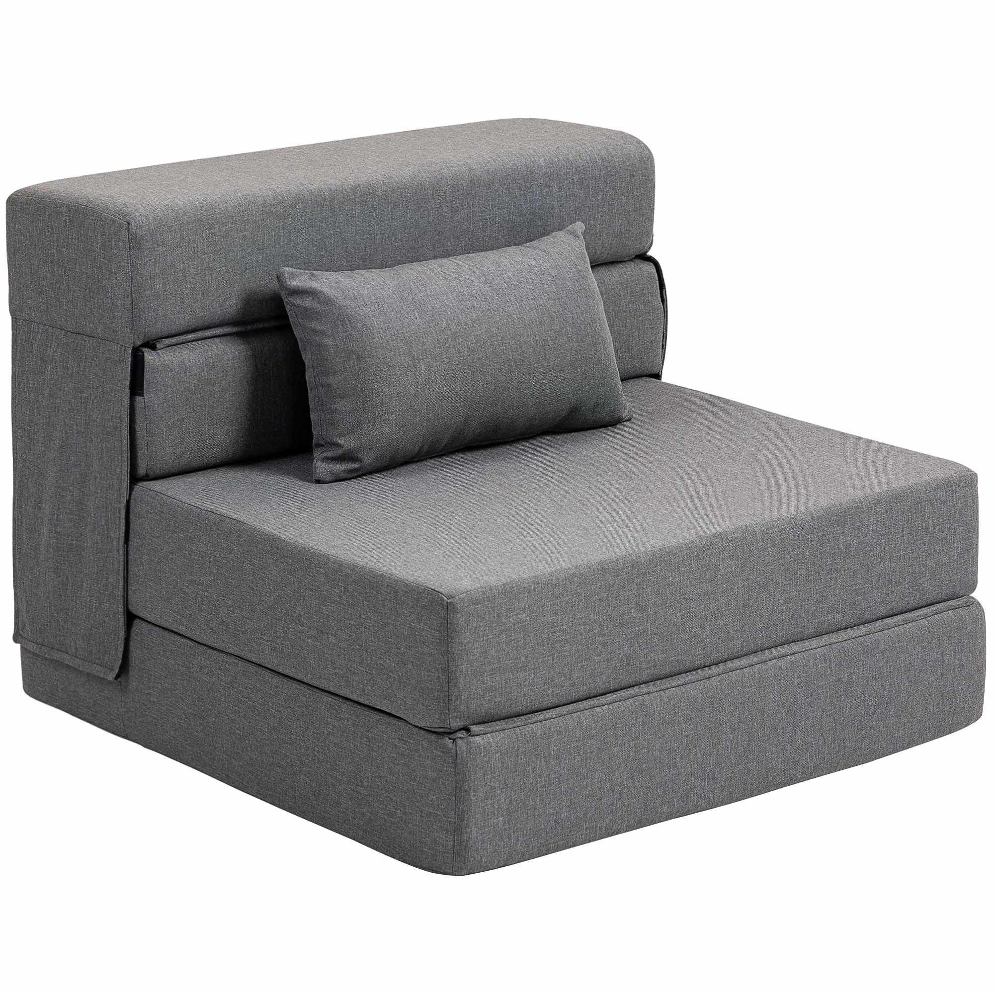 Sofá-cama conversível de espuma, cinza, tecido estilo linho.