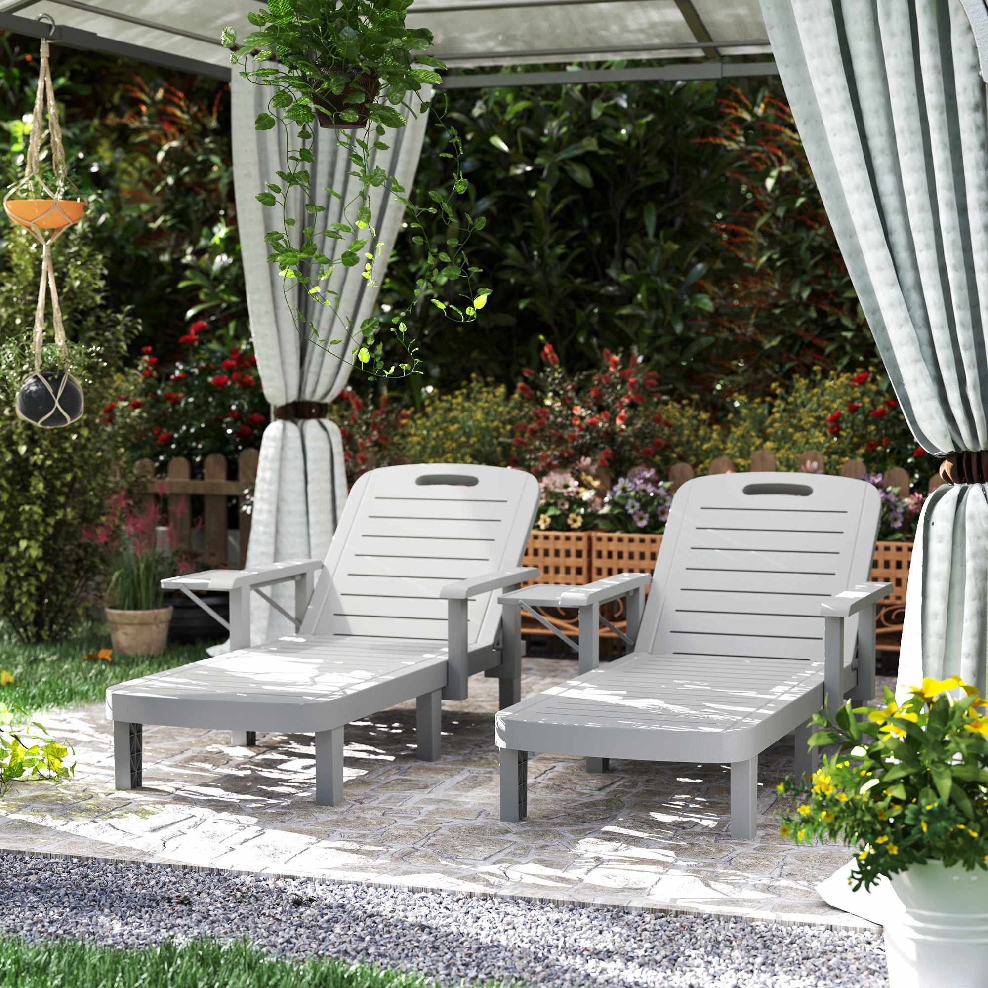 Bain de soleil réglable avec table d'appoint, gris clair