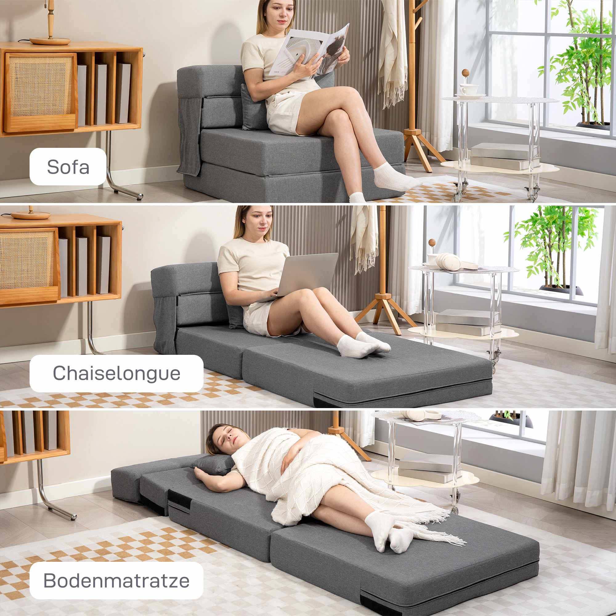 Sofá-cama conversível de espuma, cinza, tecido estilo linho.