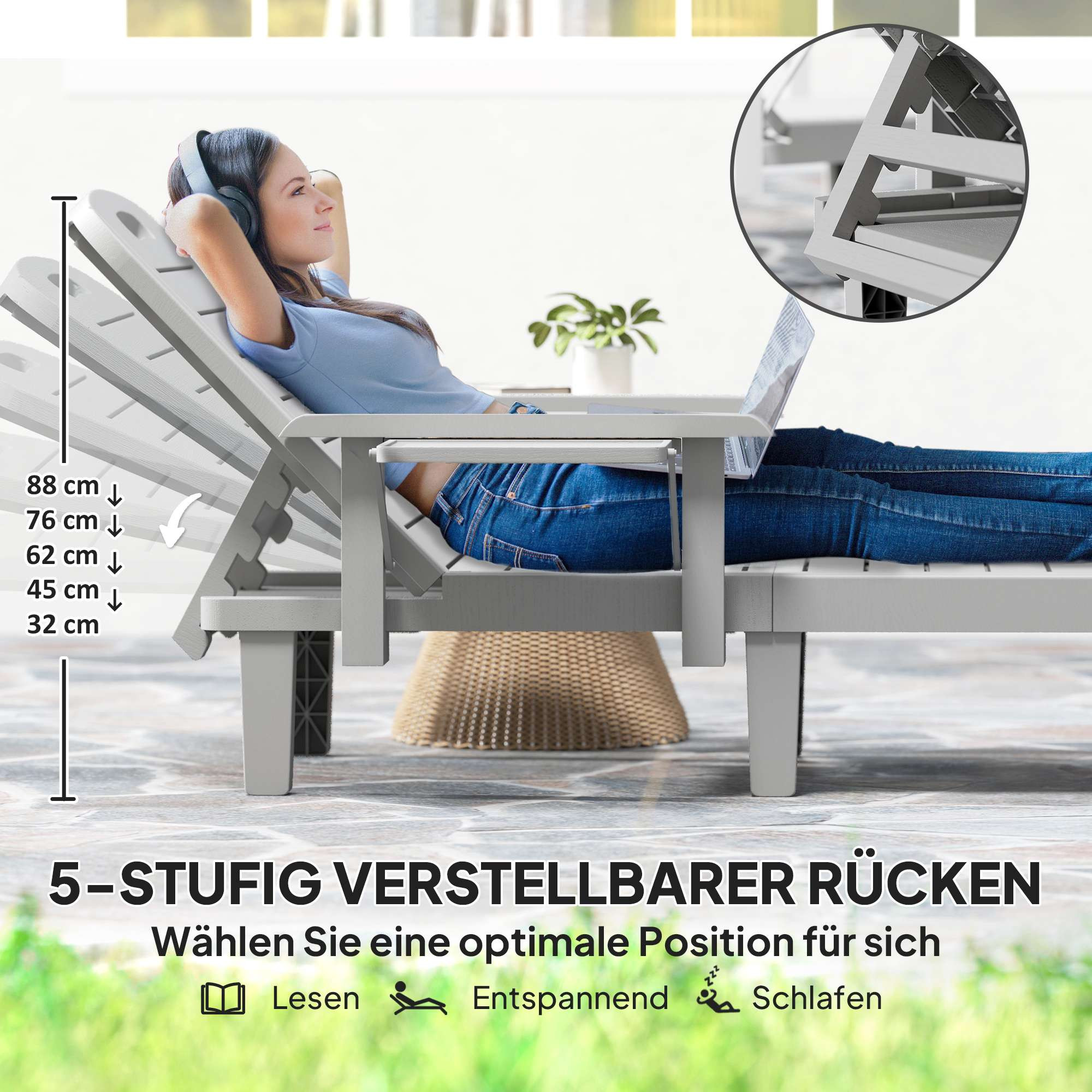 Bain de soleil réglable avec table d'appoint, gris clair