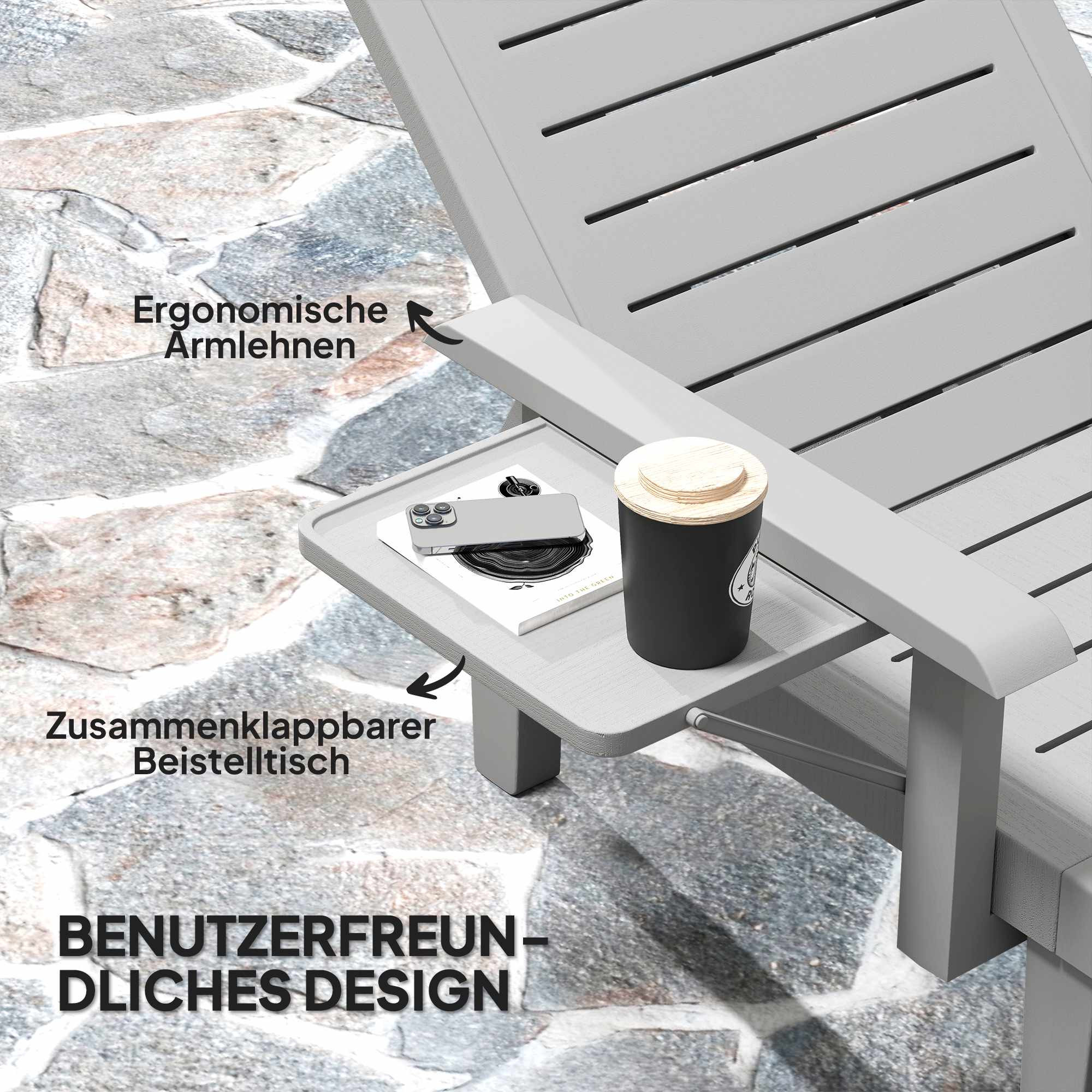 Bain de soleil réglable avec table d'appoint, gris clair