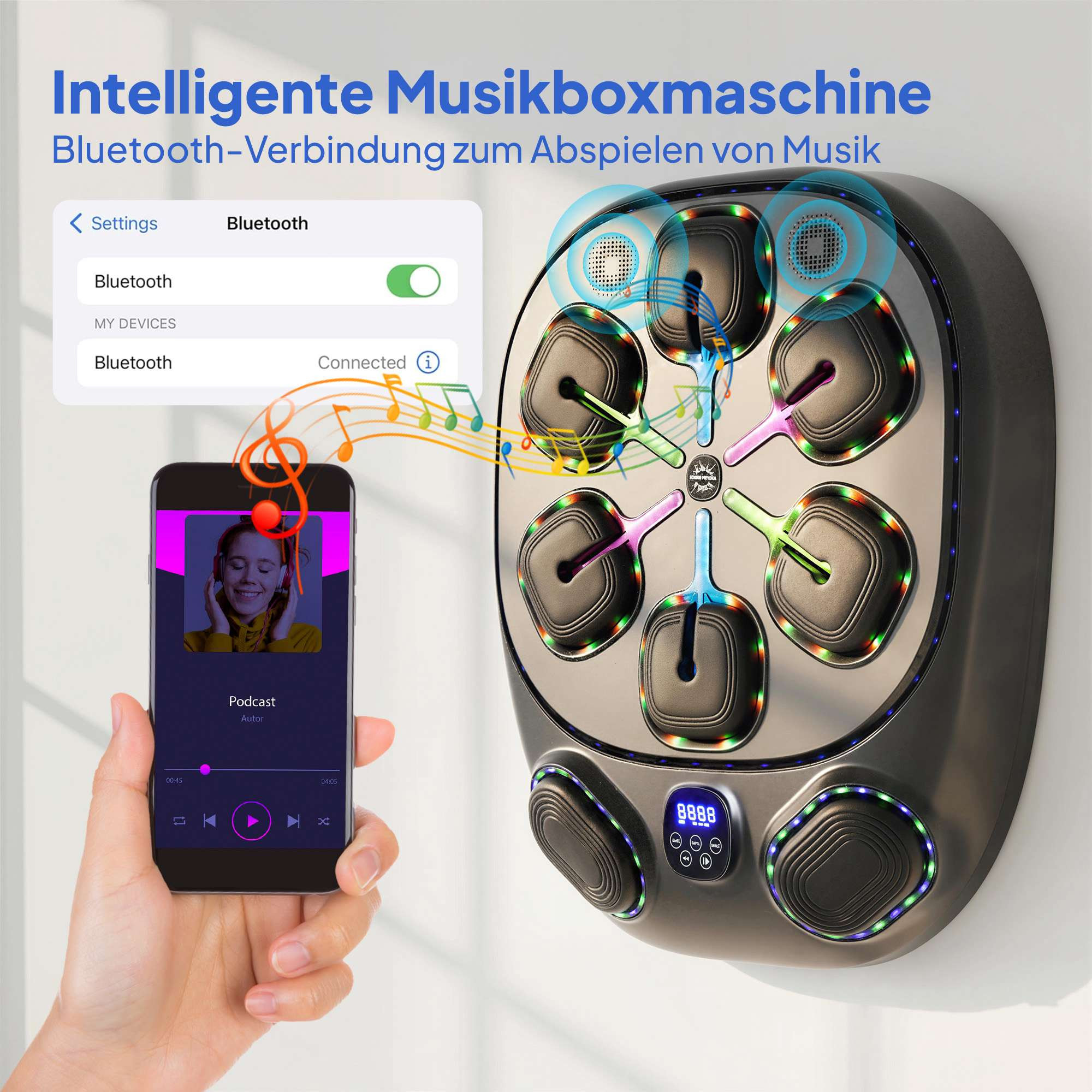 Máquina de boxe musical com luzes LED e Bluetooth
