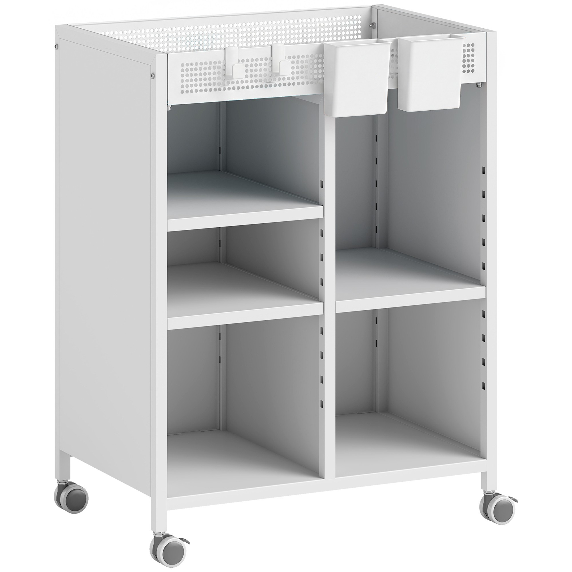 Libreria mobile con ripiani regolabili e cestini, bianca