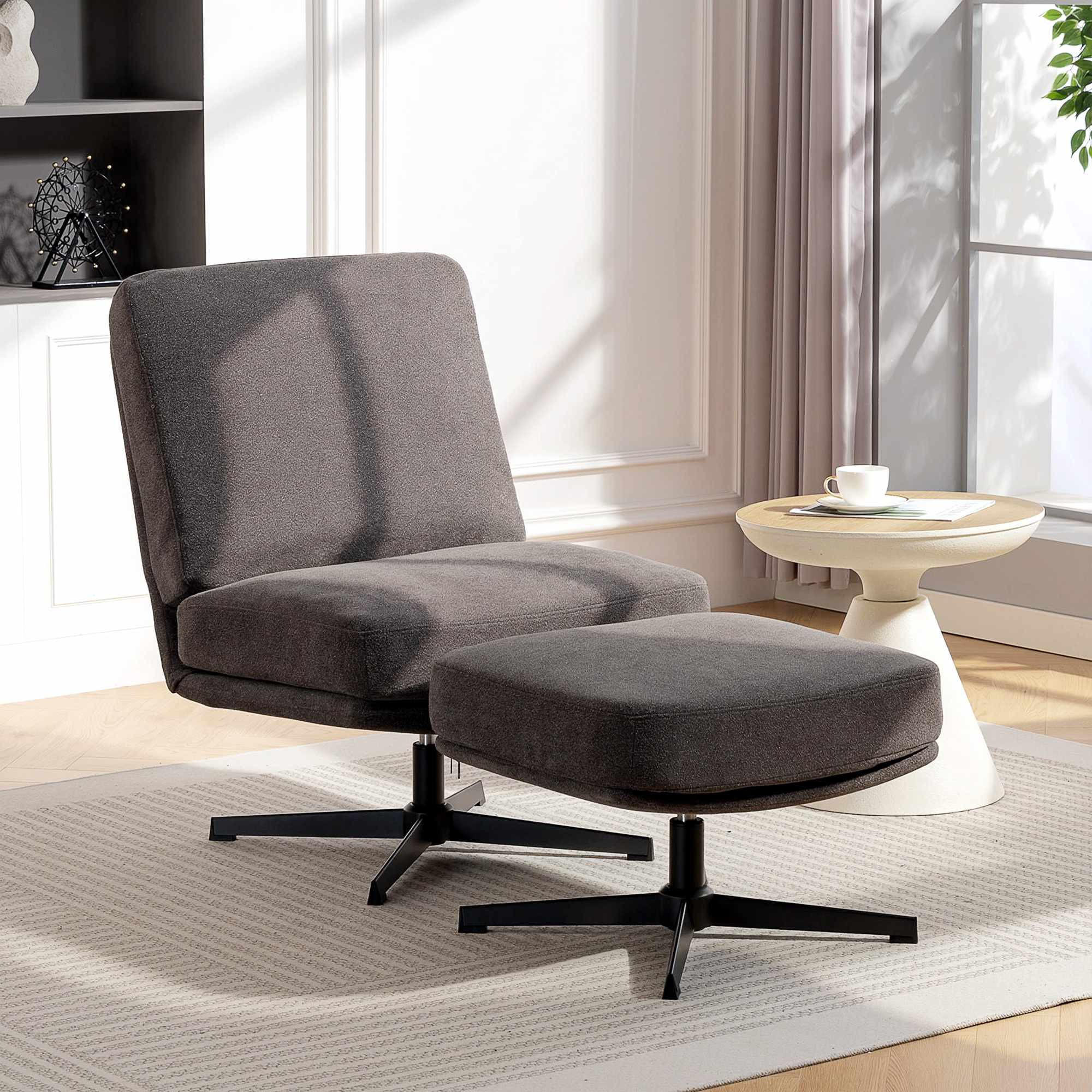Drehsessel mit Hocker, dunkelgraue Leinenoptik