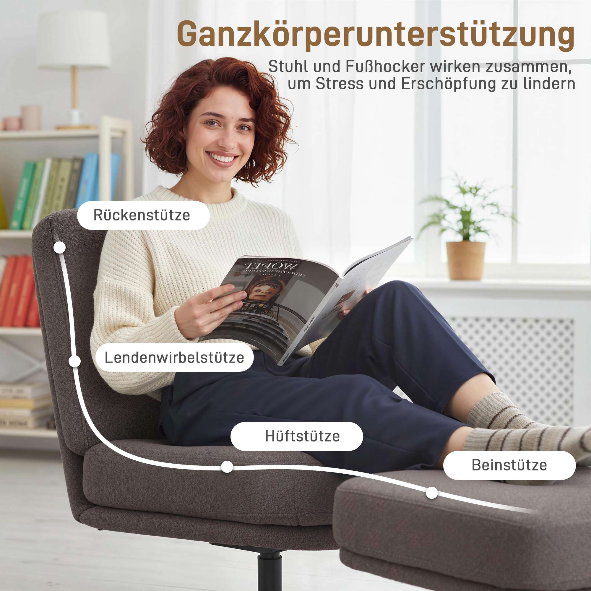 Drehsessel mit Hocker, dunkelgraue Leinenoptik