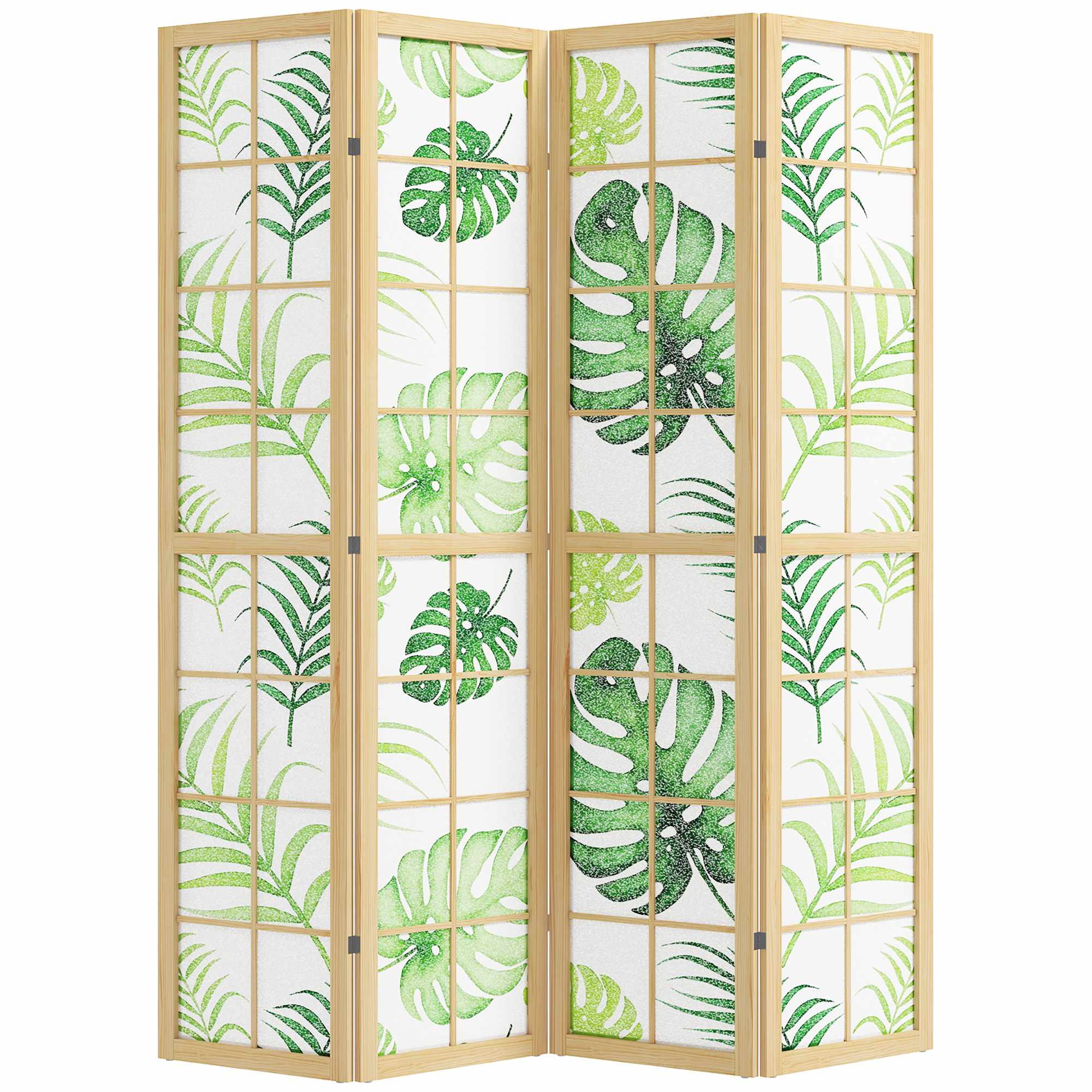 4-Panel Folding Room Divider, Boho Palm Design, Green