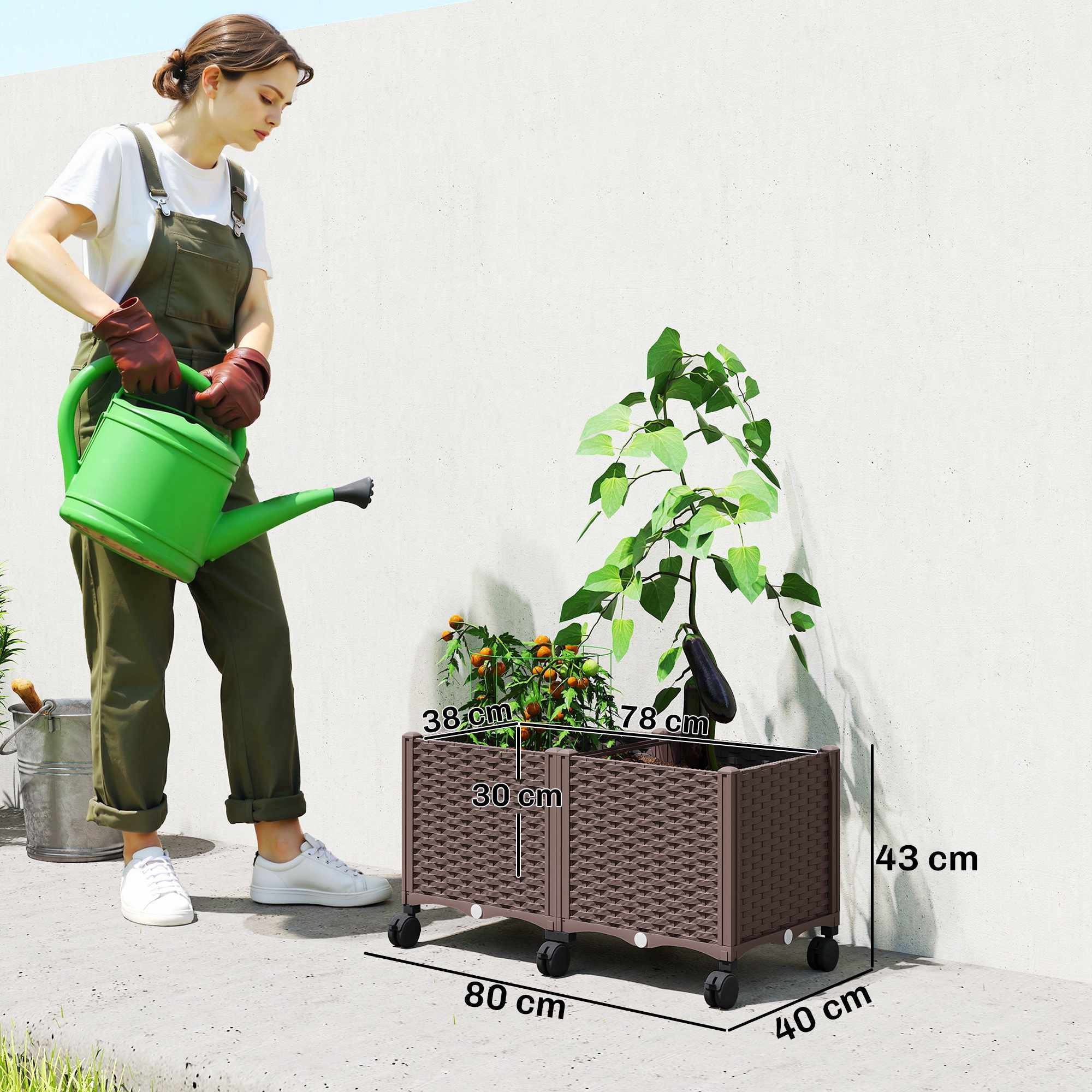Jardinera elevada autorriego con ruedas, de plástico
