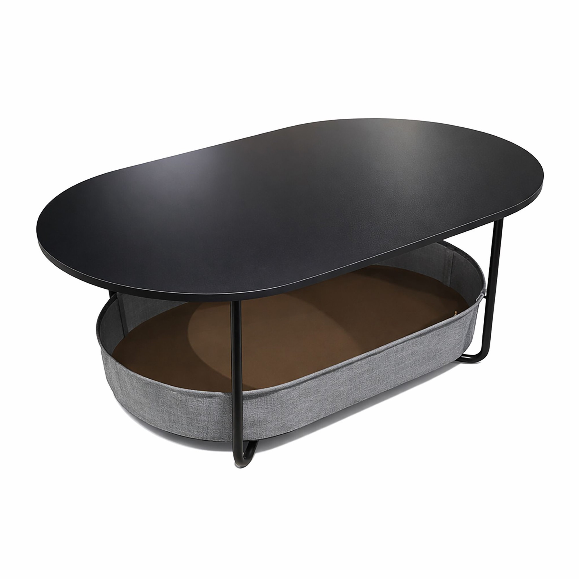 Mesa de centro oval com cesto de arrumação