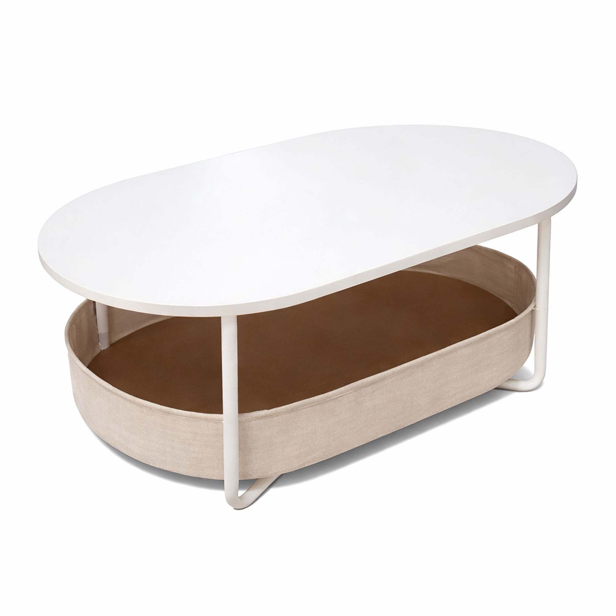 Mesa de centro oval com cesto de arrumação