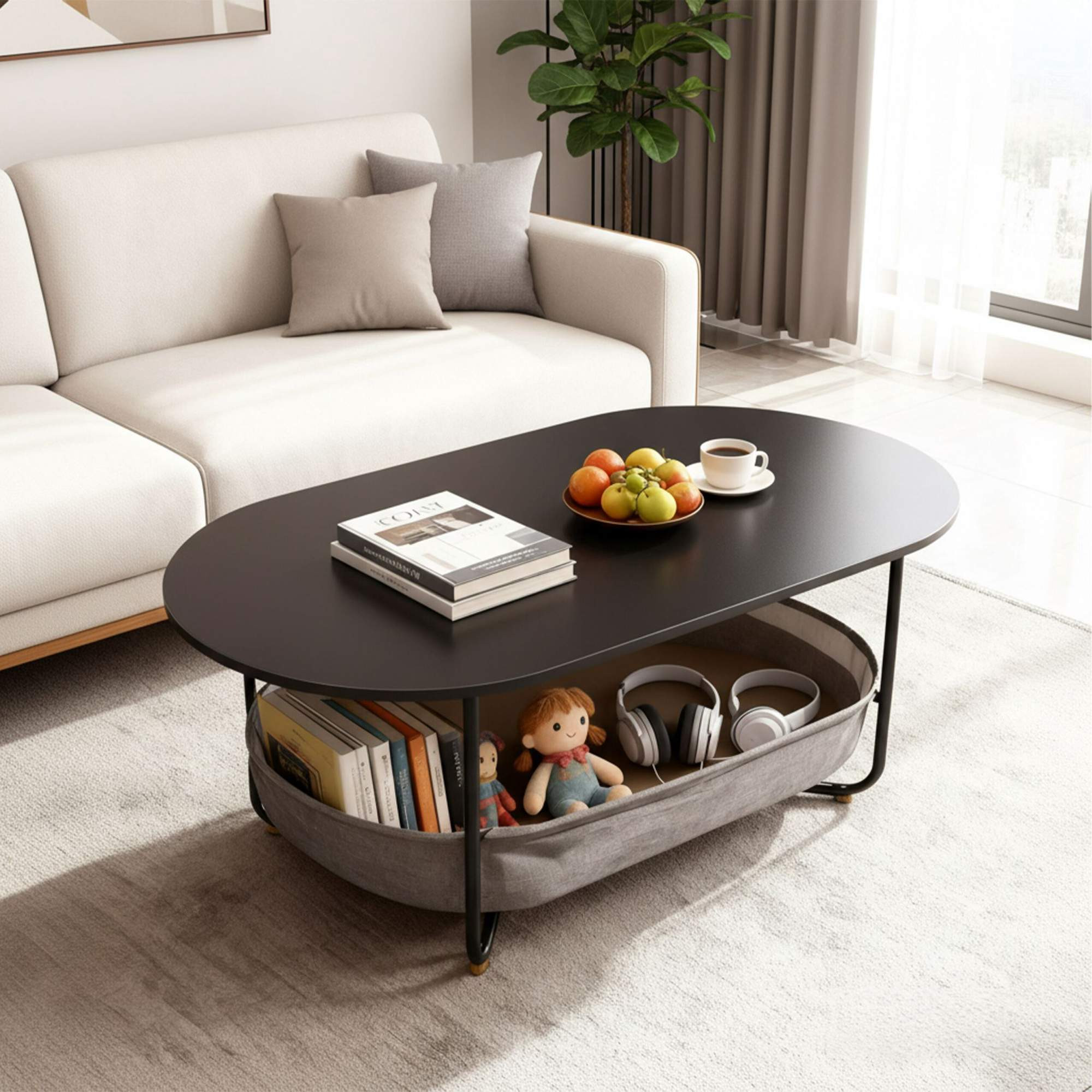 Mesa de centro oval com cesto de arrumação