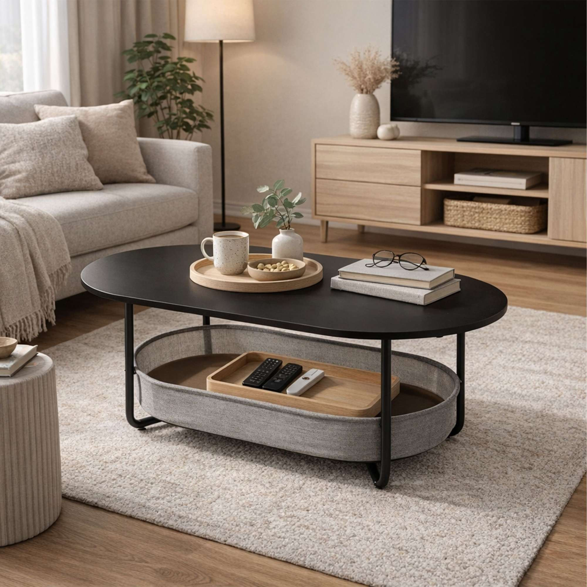 Mesa de centro oval com cesto de arrumação