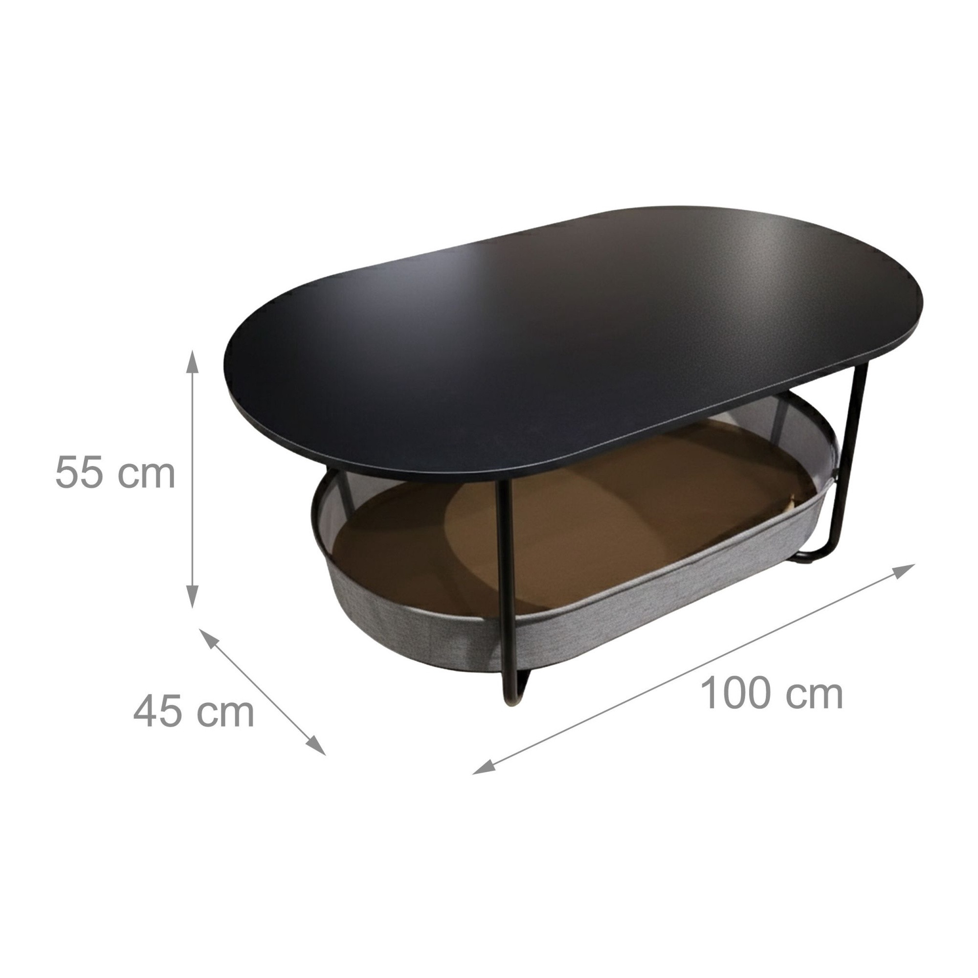 Mesa de centro oval com cesto de arrumação