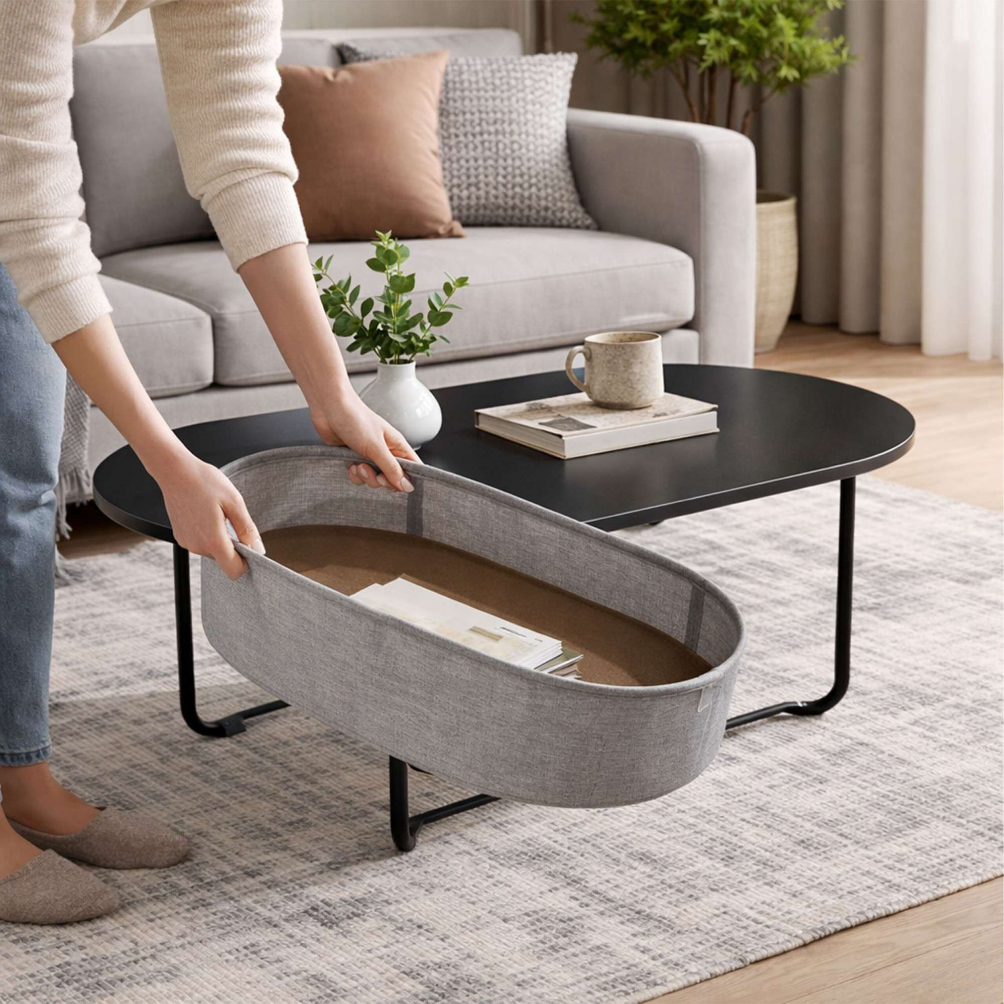 Mesa de centro oval com cesto de arrumação