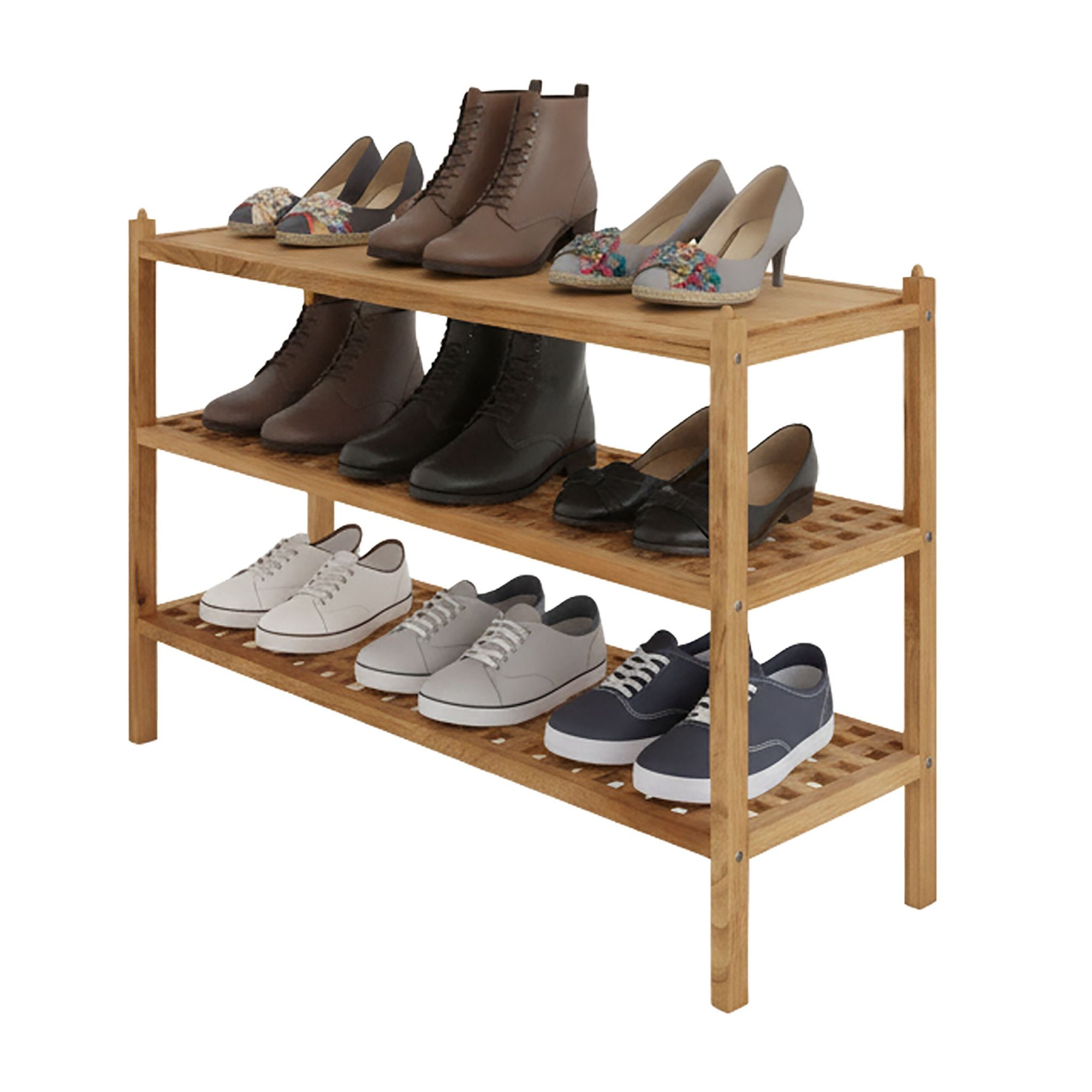 3-Tier Walnut Shoe Rack – Stackable, Holds 9 Pairs