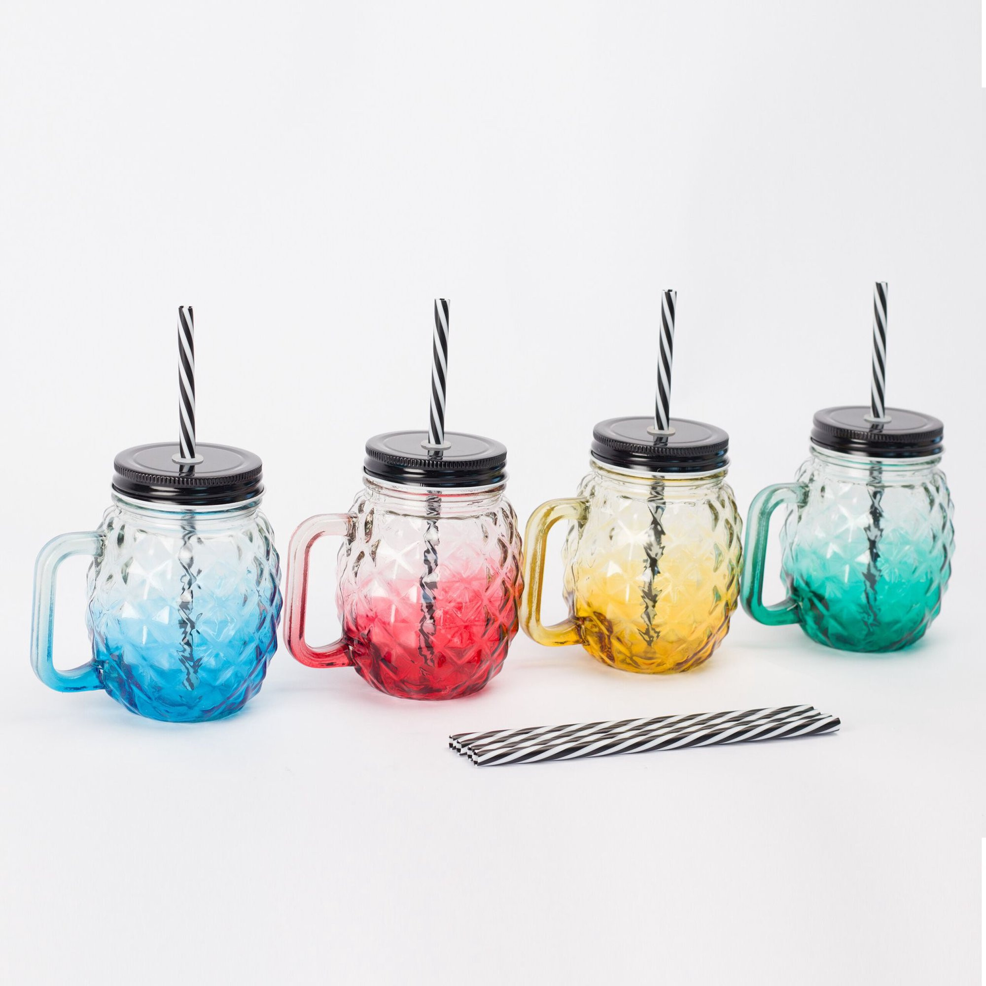 Bicchieri a forma di ananas con coperchio e cannucce, set da 4