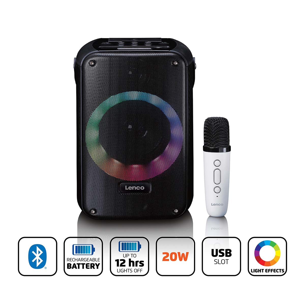 Sistema karaoke con Bluetooth, luci LED, microfono wireless