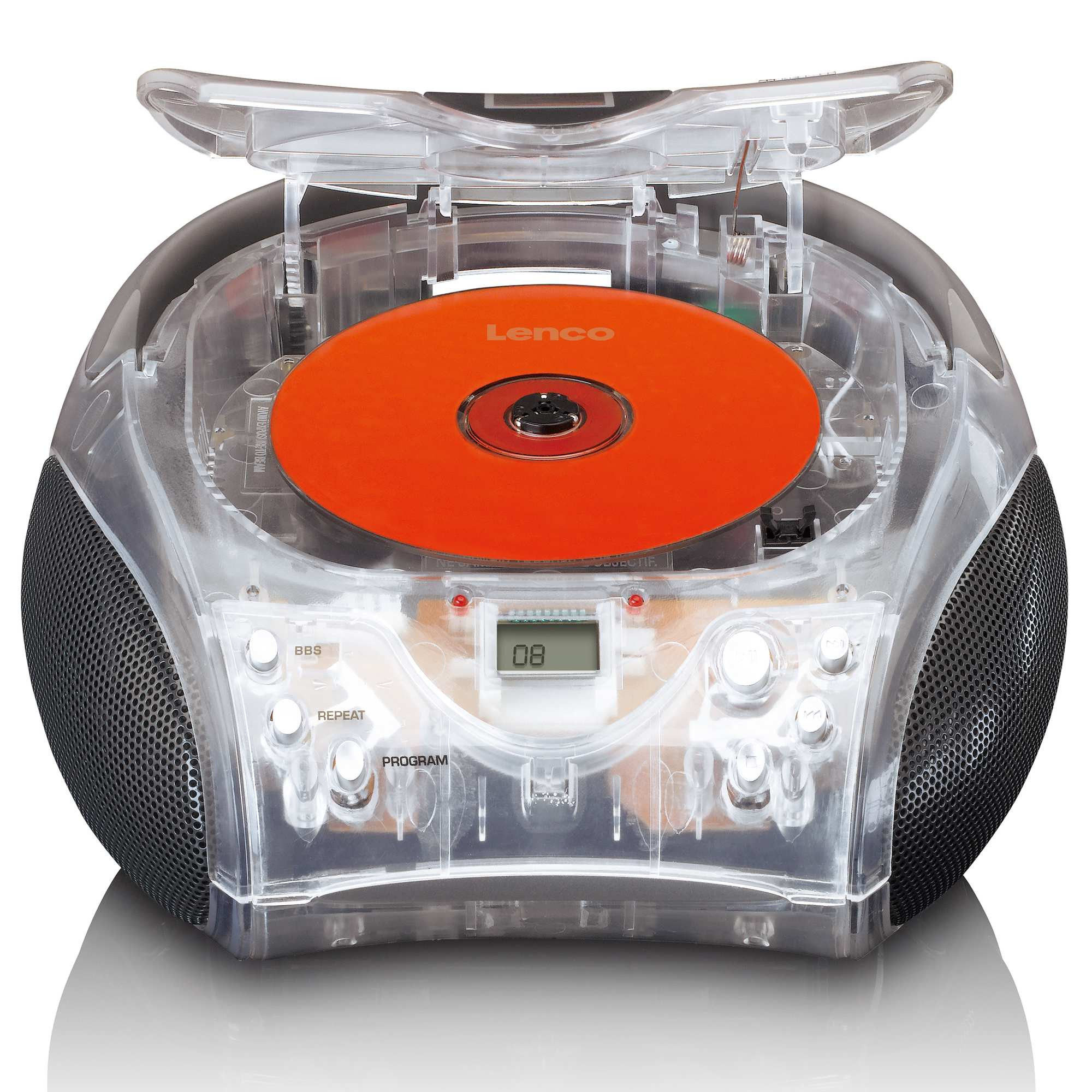 Rádio FM portátil com leitor de CD, alça e memória programável.