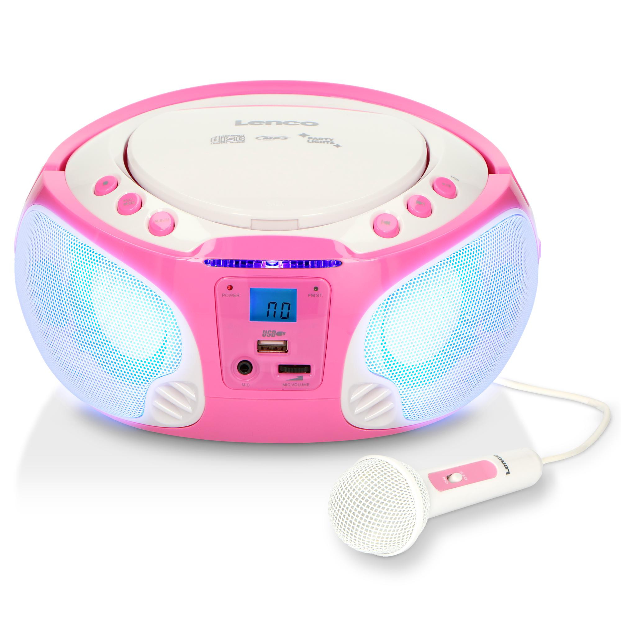 Rádio de karaokê portátil com CD/MP3/USB e microfone, rosa.