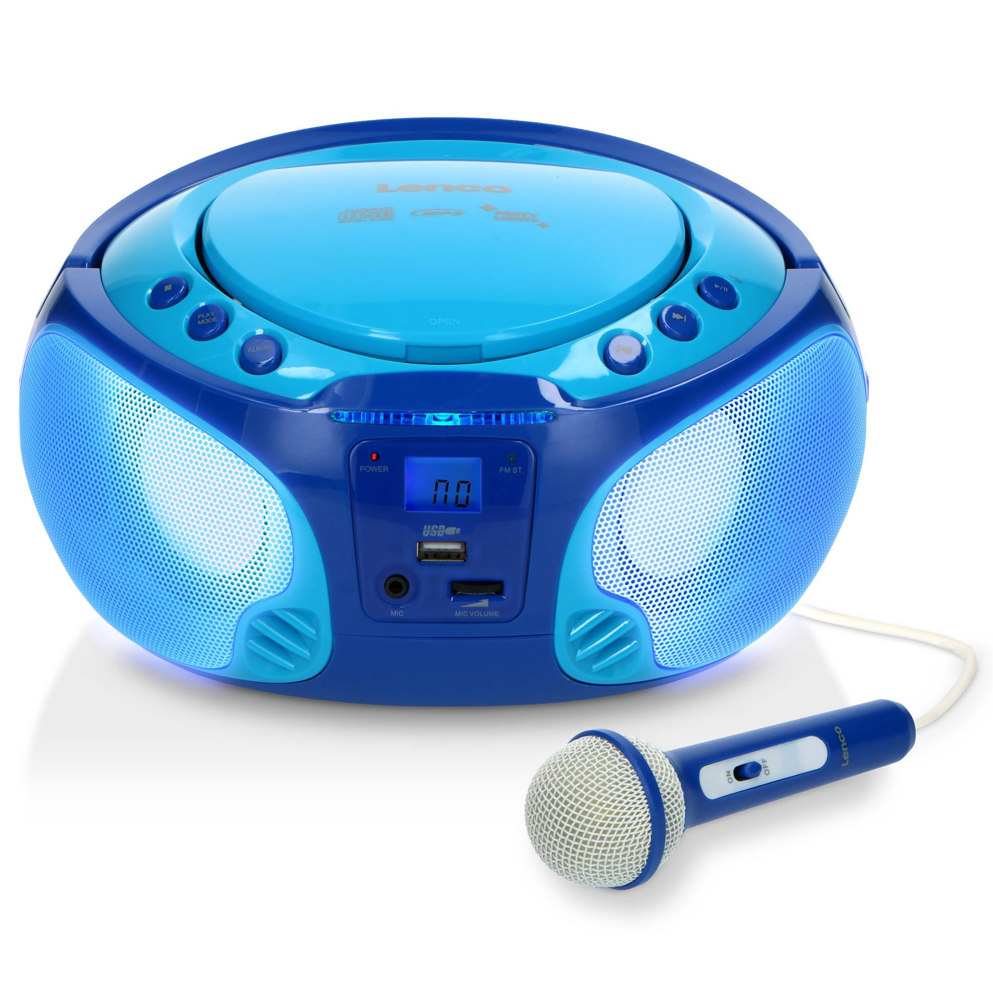 Rádio karaokê portátil com CD/MP3 player, USB e microfone.