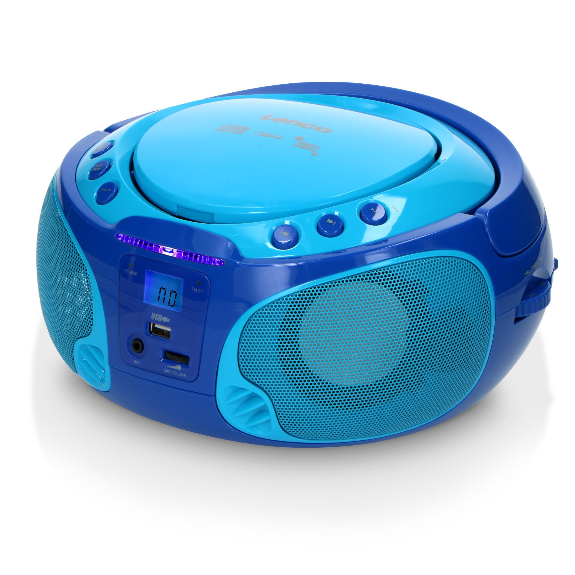 Rádio karaokê portátil com CD/MP3 player, USB e microfone.