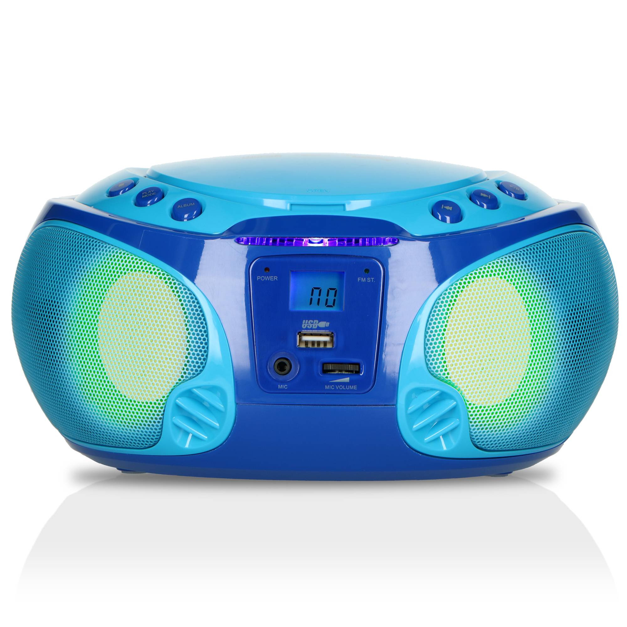 Rádio karaokê portátil com CD/MP3 player, USB e microfone.