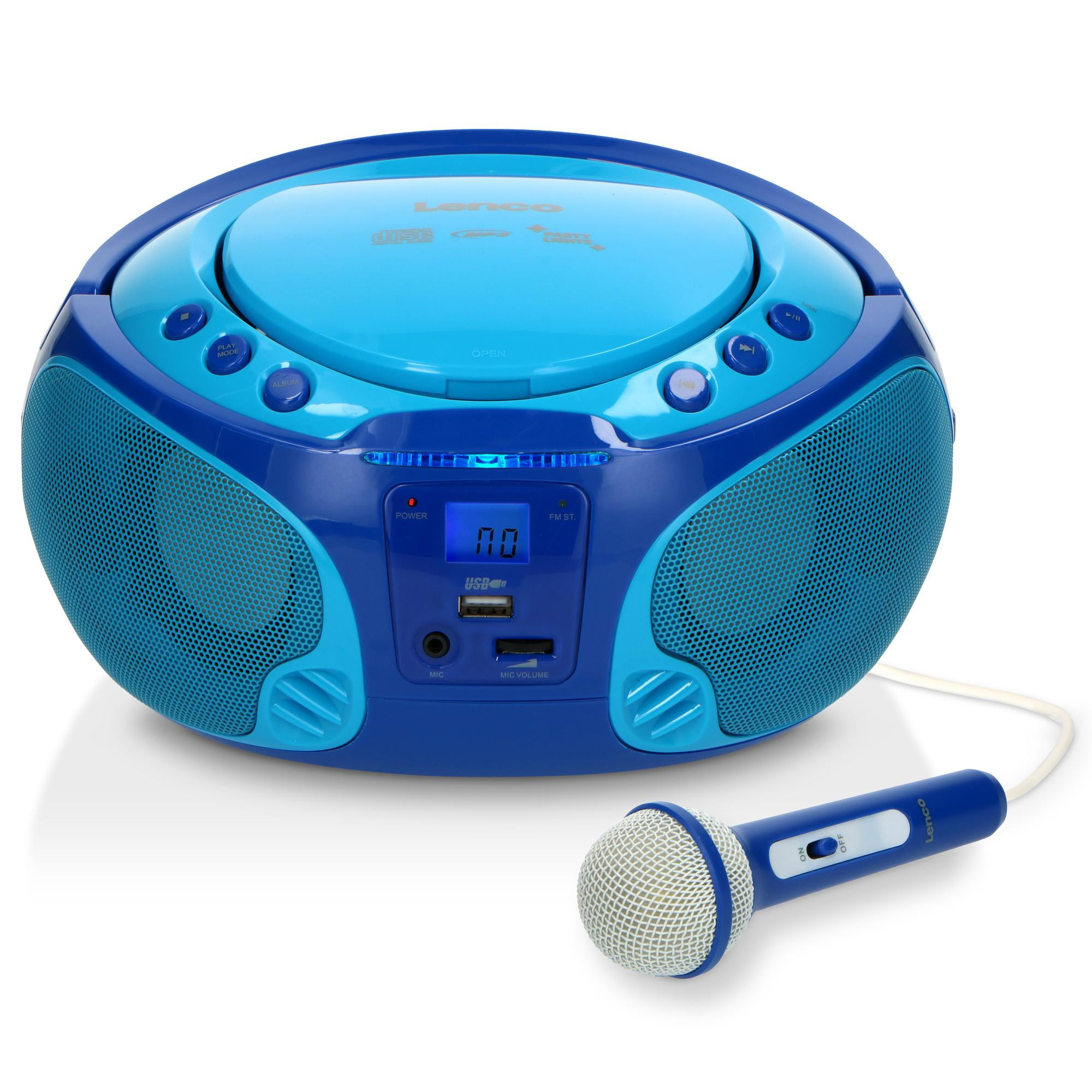 Rádio karaokê portátil com CD/MP3 player, USB e microfone.