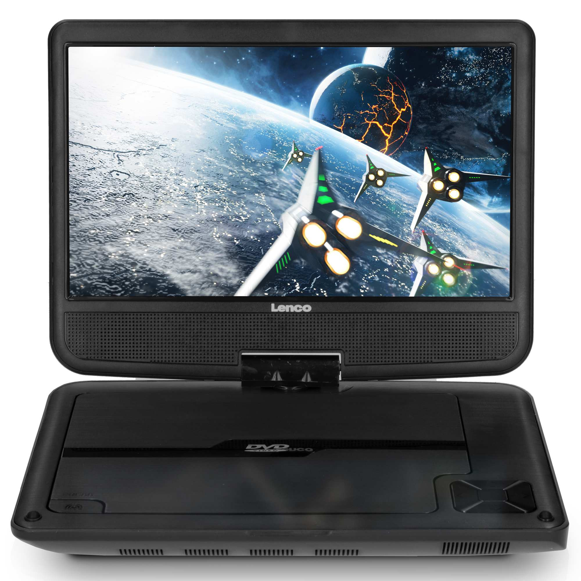 Leitor de DVD portátil de 9 polegadas com suporte, preto