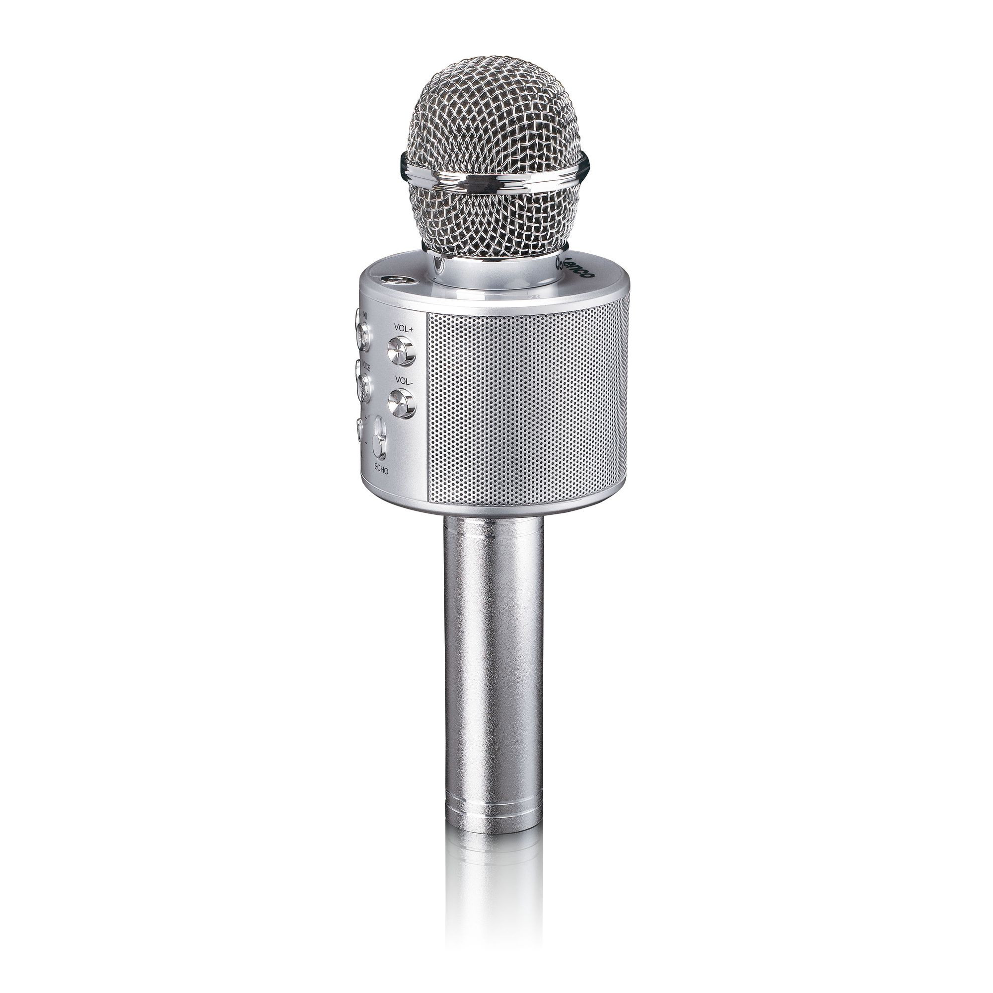 Microfone de karaokê com Bluetooth, USB e leitor de cartão Micro SD.