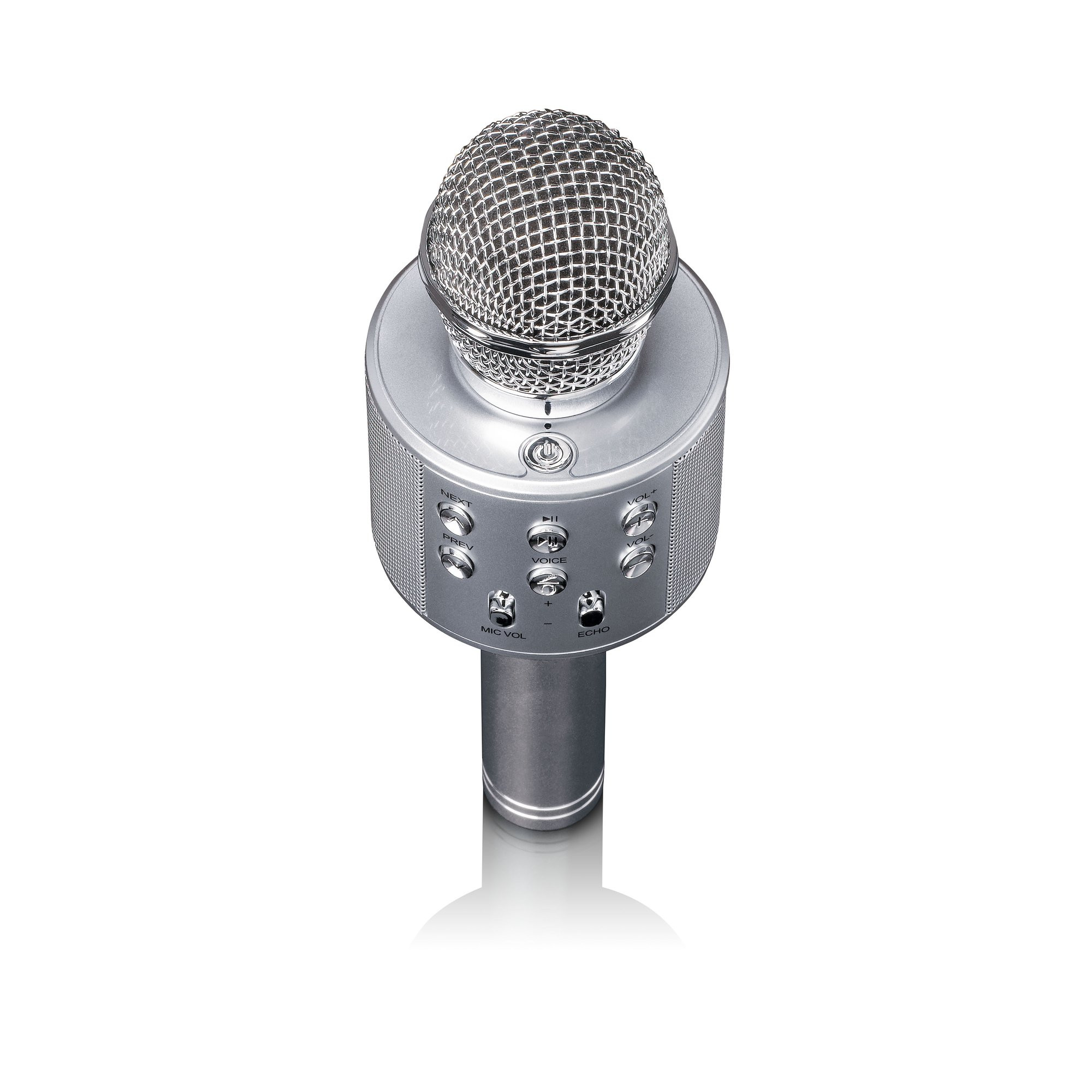 Microfone de karaokê com Bluetooth, USB e leitor de cartão Micro SD.
