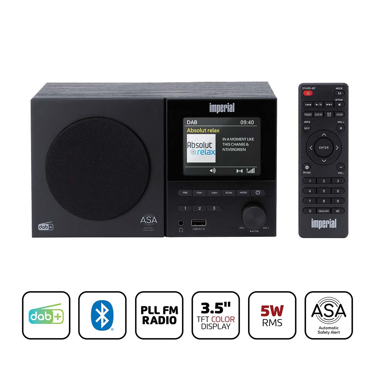 Rádio DAB+/FM com Bluetooth, USB e despertador.