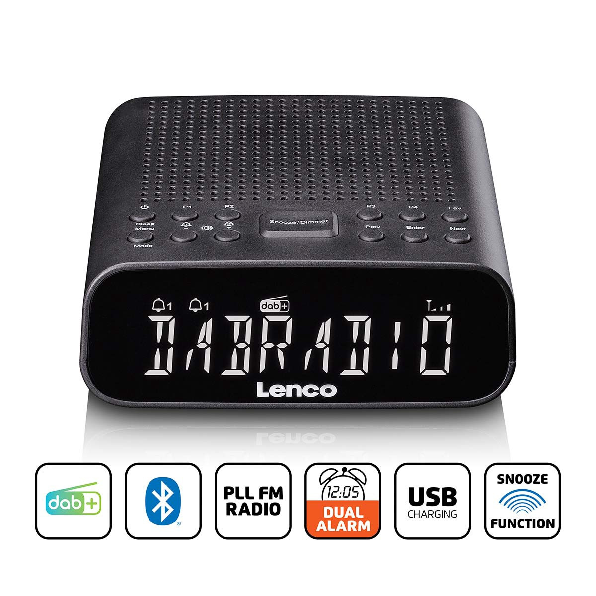 Rádio-relógio DAB+/FM com Bluetooth e visor LCD com brilho ajustável.