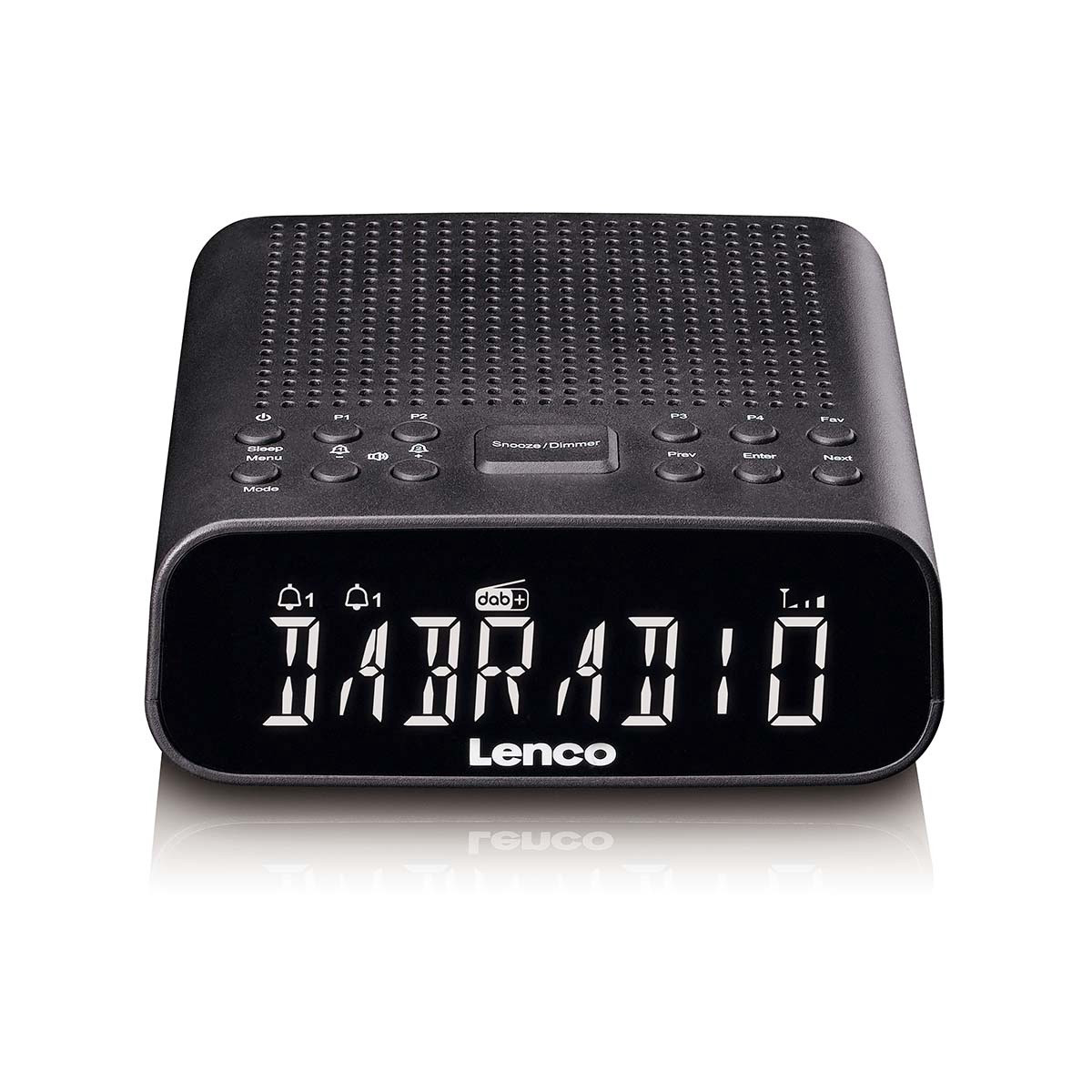 Rádio-relógio DAB+/FM com Bluetooth e visor LCD com brilho ajustável.